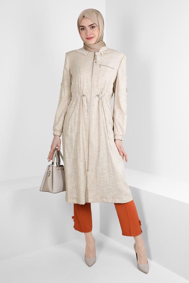 Tesettür giyim  ÇIKARILABİLİR KAPÜŞONLU ÇİZGİLİ TRENÇKOT 10767 - ALVİNA