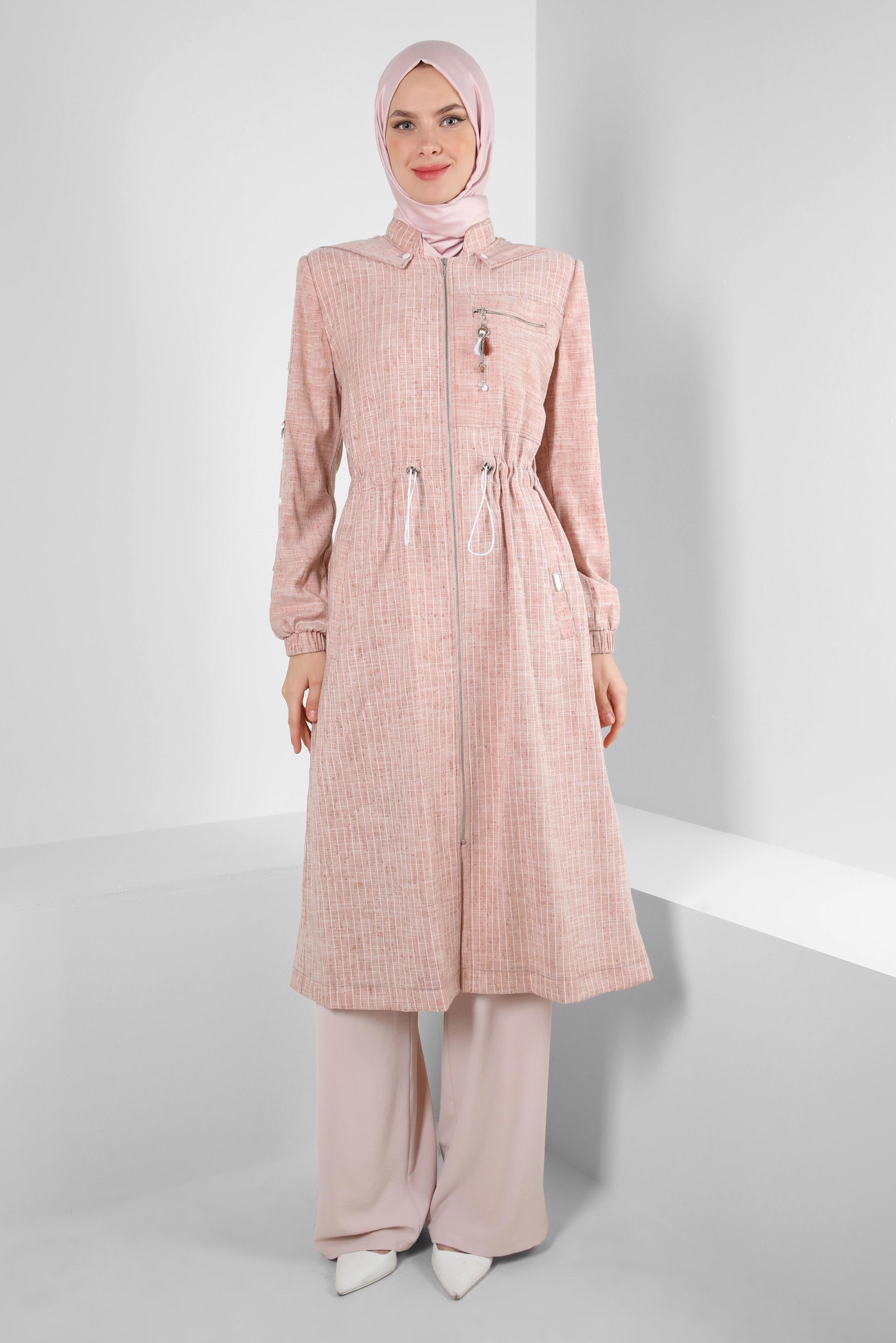 Hijab clothing POWDER STRIPED TRENCH COAT WITH DETACHABLE HOOD 10767