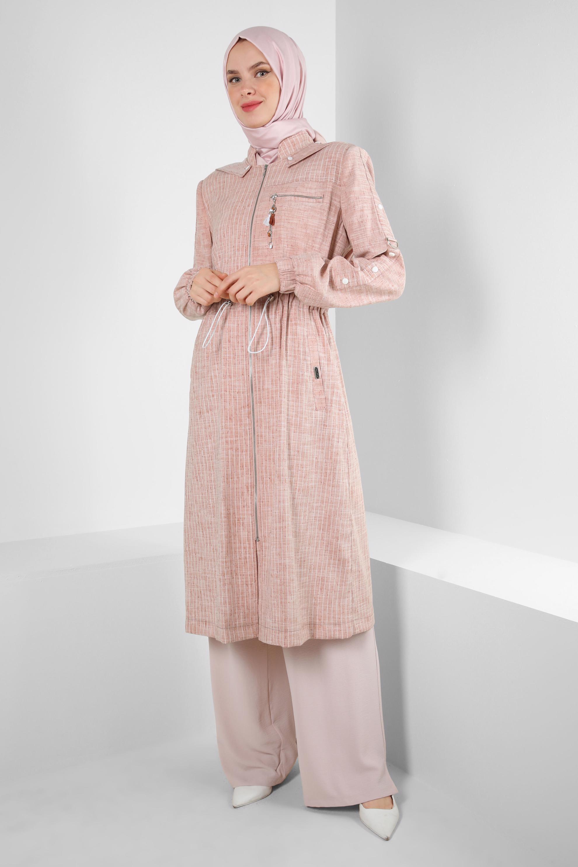 Hijab clothing POWDER STRIPED TRENCH COAT WITH DETACHABLE HOOD 10767