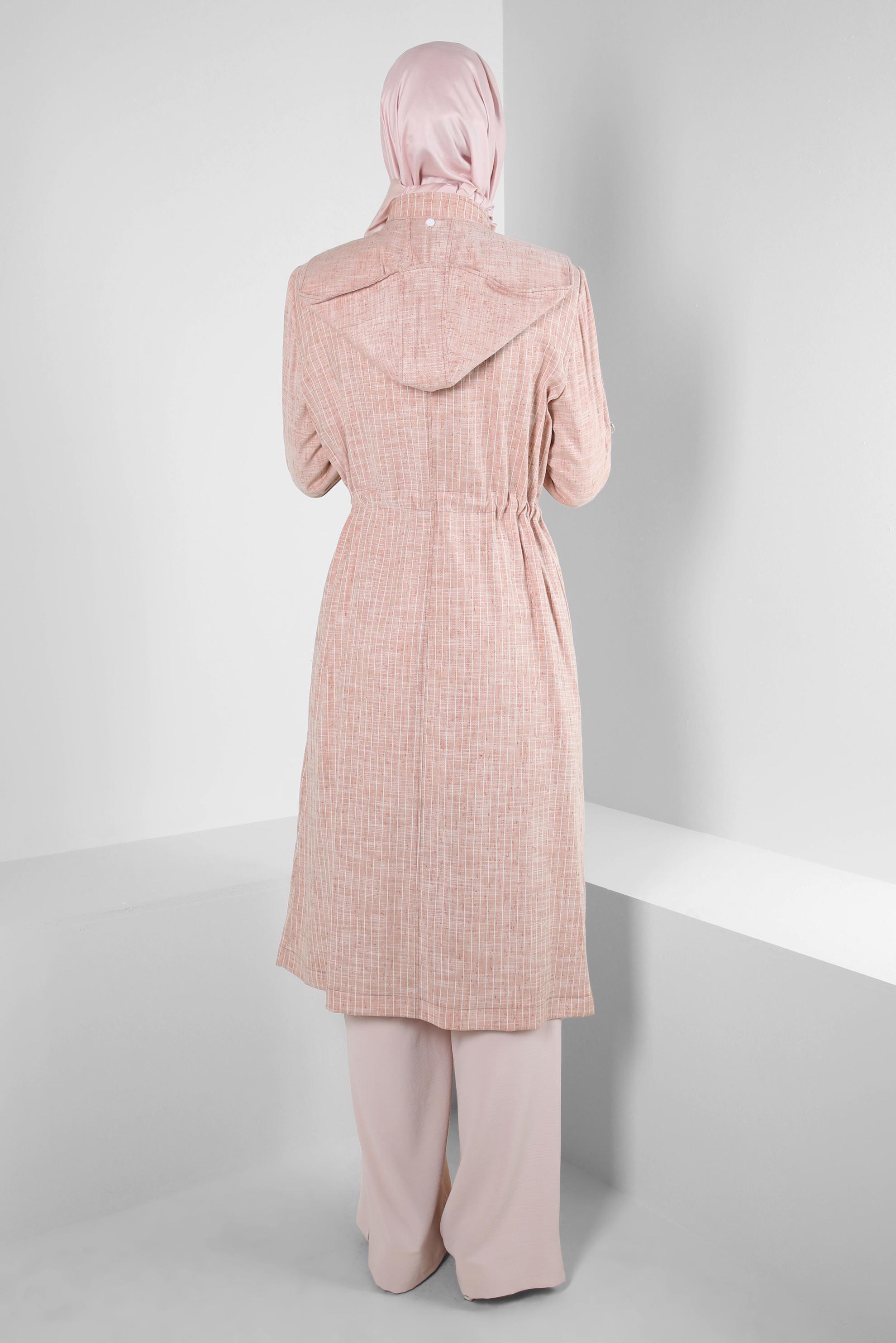 Hijab clothing POWDER STRIPED TRENCH COAT WITH DETACHABLE HOOD 10767
