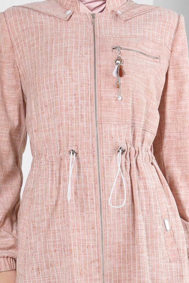 Tesettür giyim PUDRA ÇIKARILABİLİR KAPÜŞONLU ÇİZGİLİ TRENÇKOT 10767 - ALVİNA