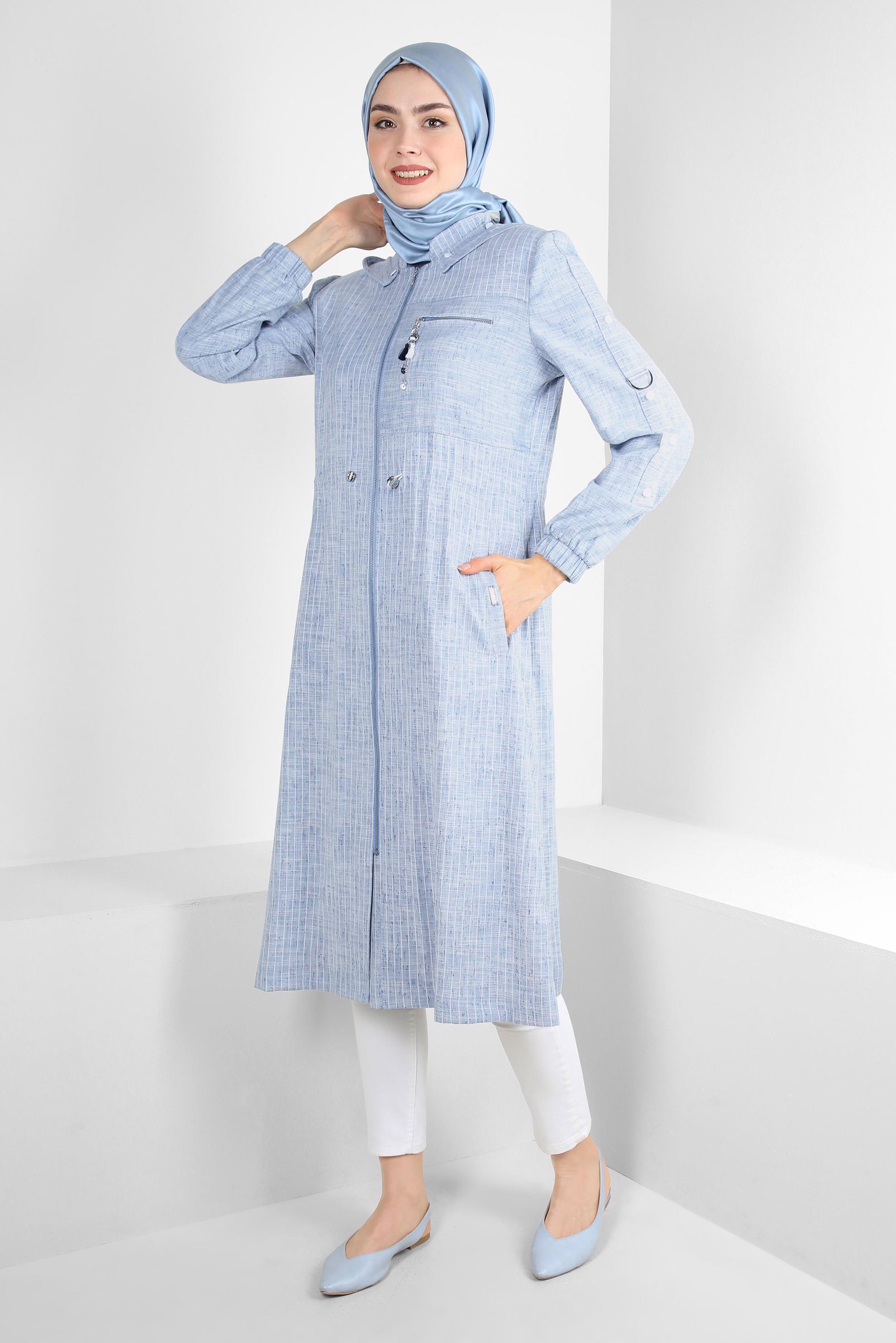 Tesettür giyim LACİVERT ÇIKARILABİLİR KAPÜŞONLU ÇİZGİLİ TRENÇKOT 10767