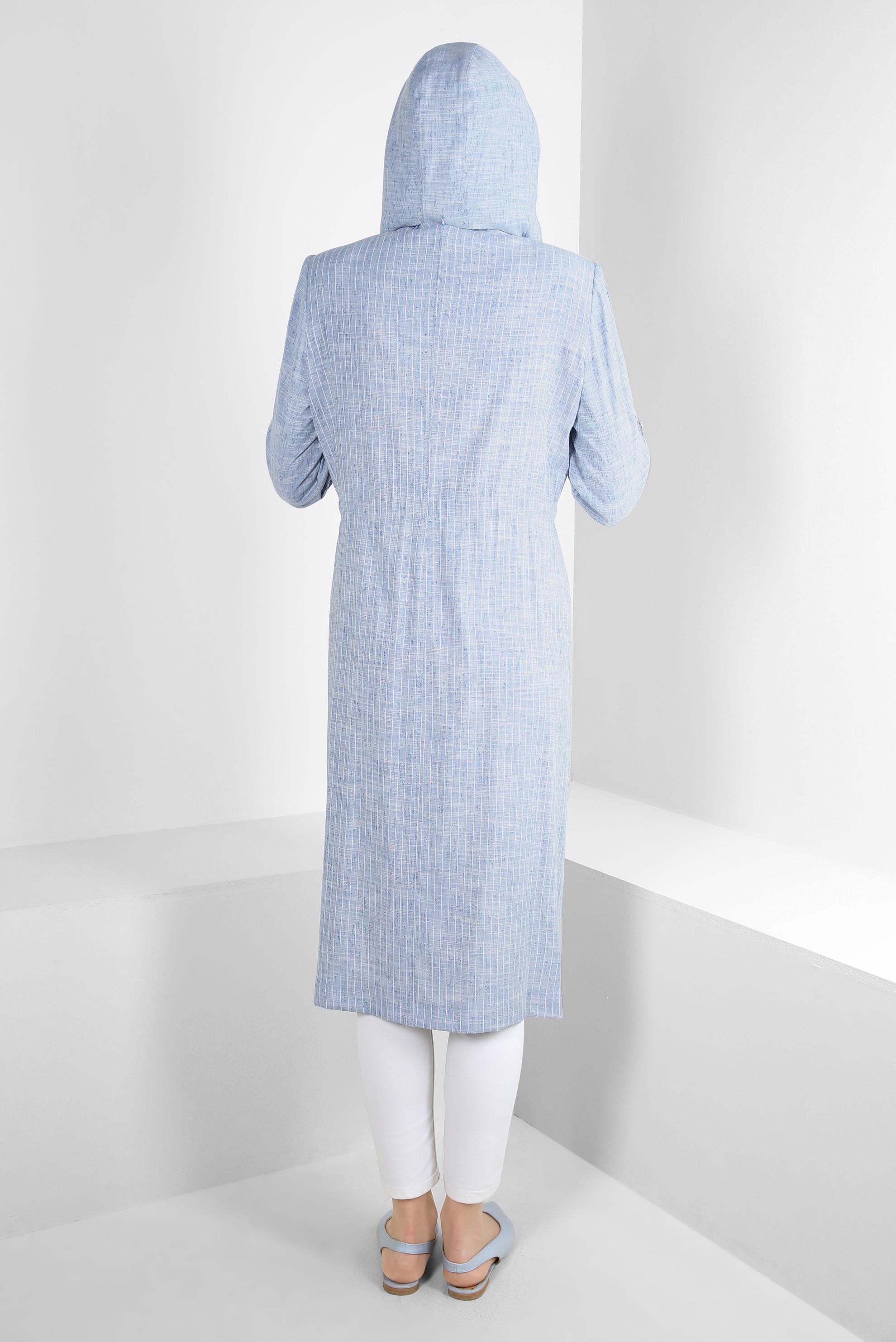 Tesettür giyim LACİVERT ÇIKARILABİLİR KAPÜŞONLU ÇİZGİLİ TRENÇKOT 10767