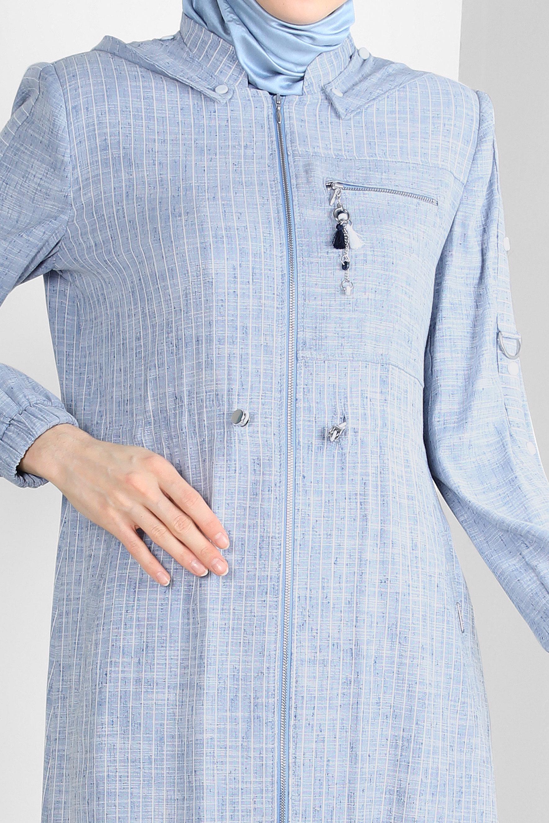 Tesettür giyim LACİVERT ÇIKARILABİLİR KAPÜŞONLU ÇİZGİLİ TRENÇKOT 10767