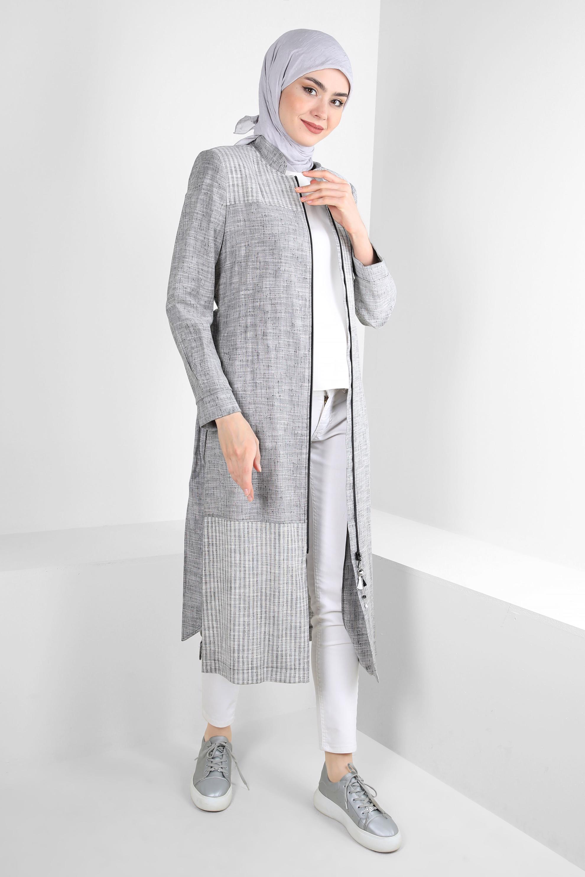 Tesettür giyim SİYAH YANI YIRTMAÇLI FERMUARLI KUŞAKLI TRENÇKOT 10769