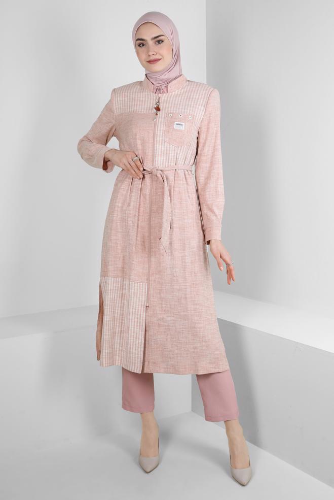 Tesettür giyim  YANI YIRTMAÇLI FERMUARLI KUŞAKLI TRENÇKOT 10769 - ALVİNA