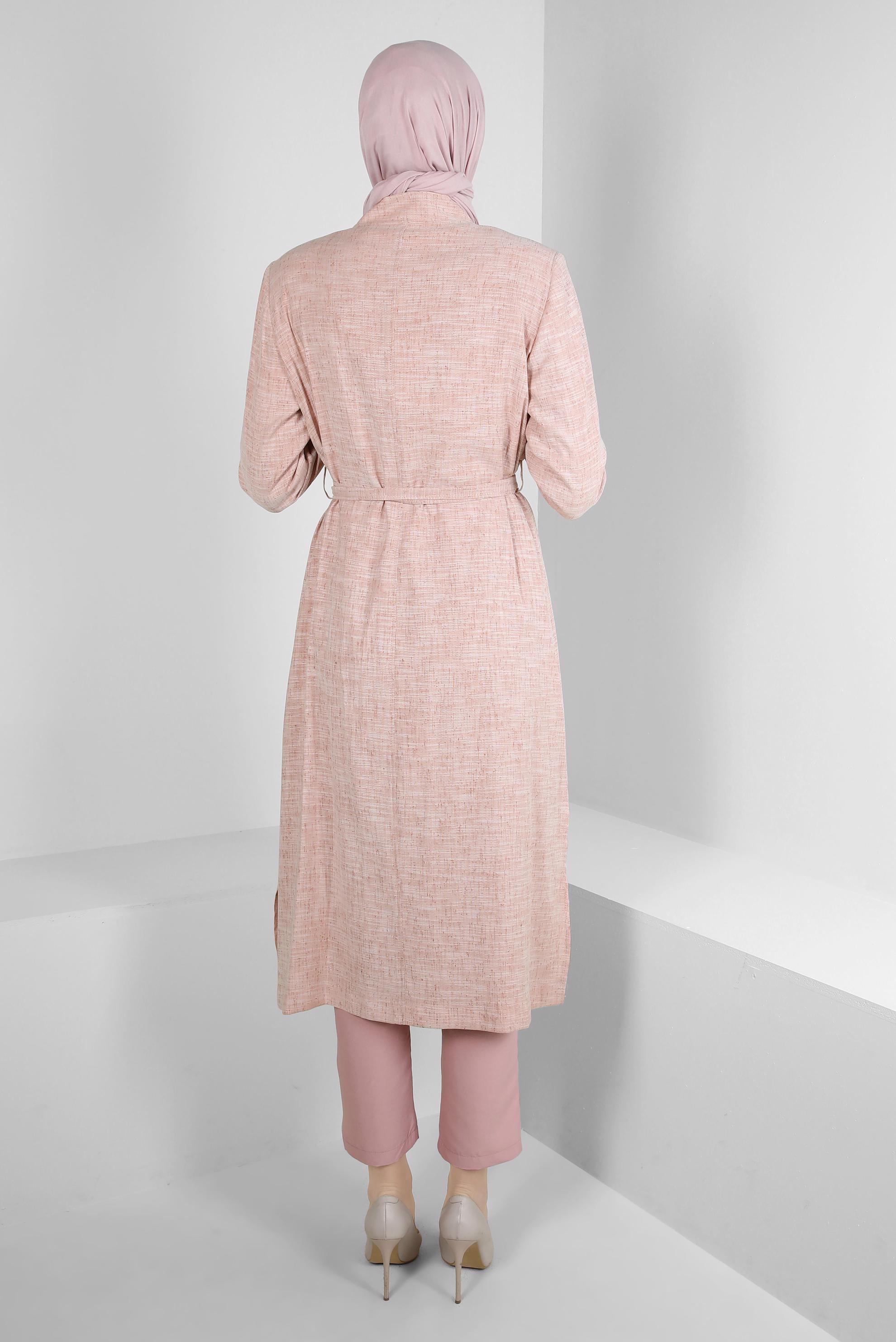 Tesettür giyim PUDRA YANI YIRTMAÇLI FERMUARLI KUŞAKLI TRENÇKOT 10769