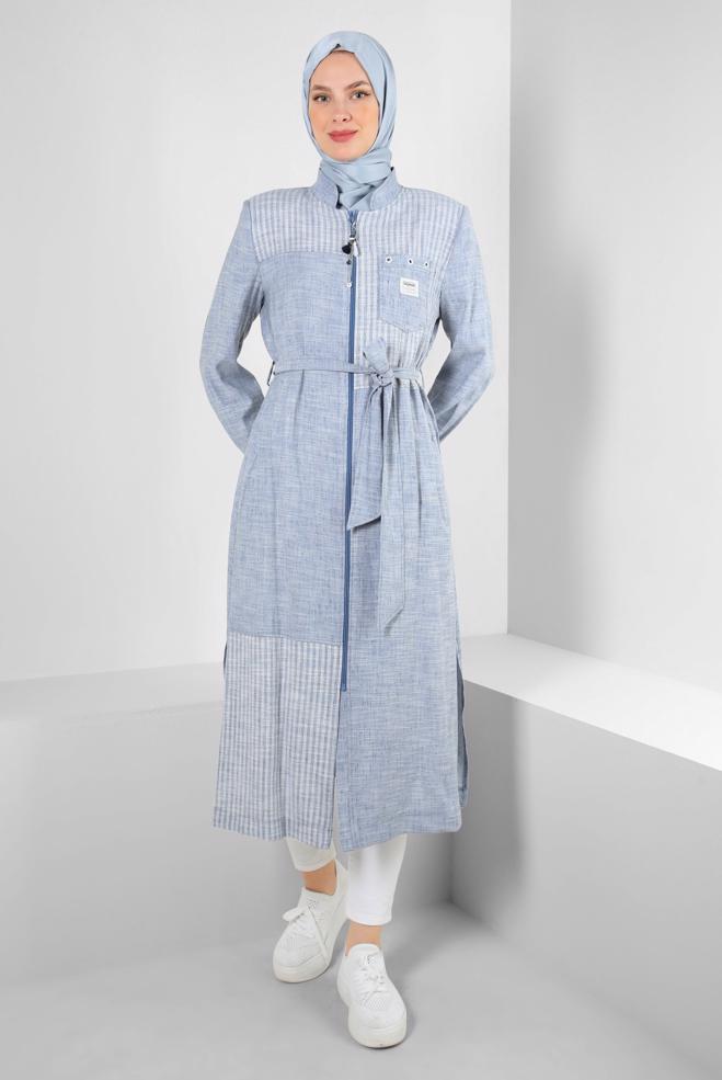 Tesettür giyim LACİVERT YANI YIRTMAÇLI FERMUARLI KUŞAKLI TRENÇKOT 10769 - ALVİNA