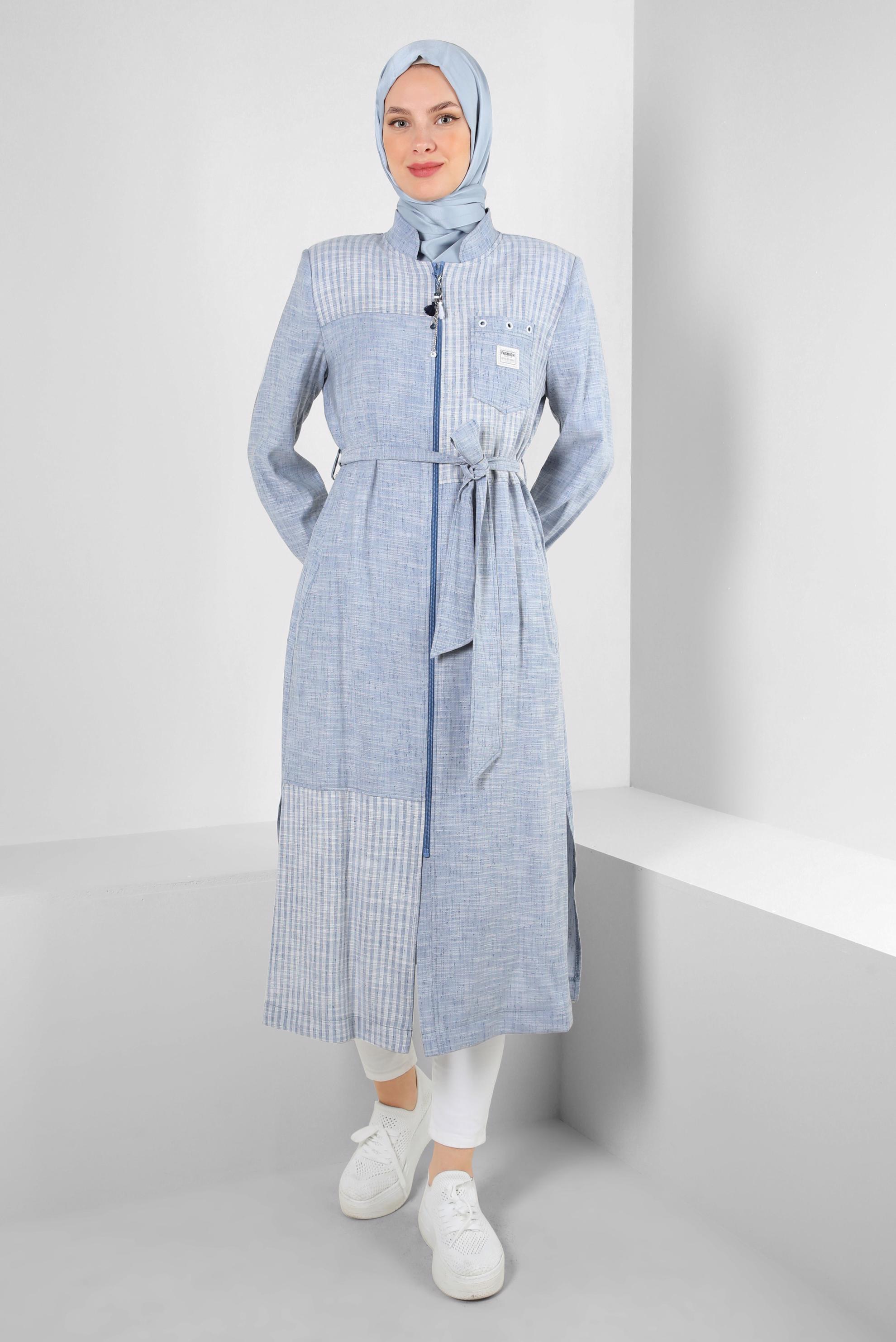 Tesettür giyim LACİVERT YANI YIRTMAÇLI FERMUARLI KUŞAKLI TRENÇKOT 10769