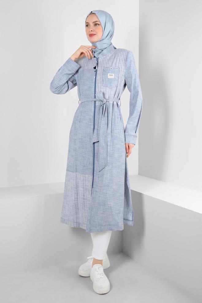 Tesettür giyim LACİVERT YANI YIRTMAÇLI FERMUARLI KUŞAKLI TRENÇKOT 10769 - ALVİNA