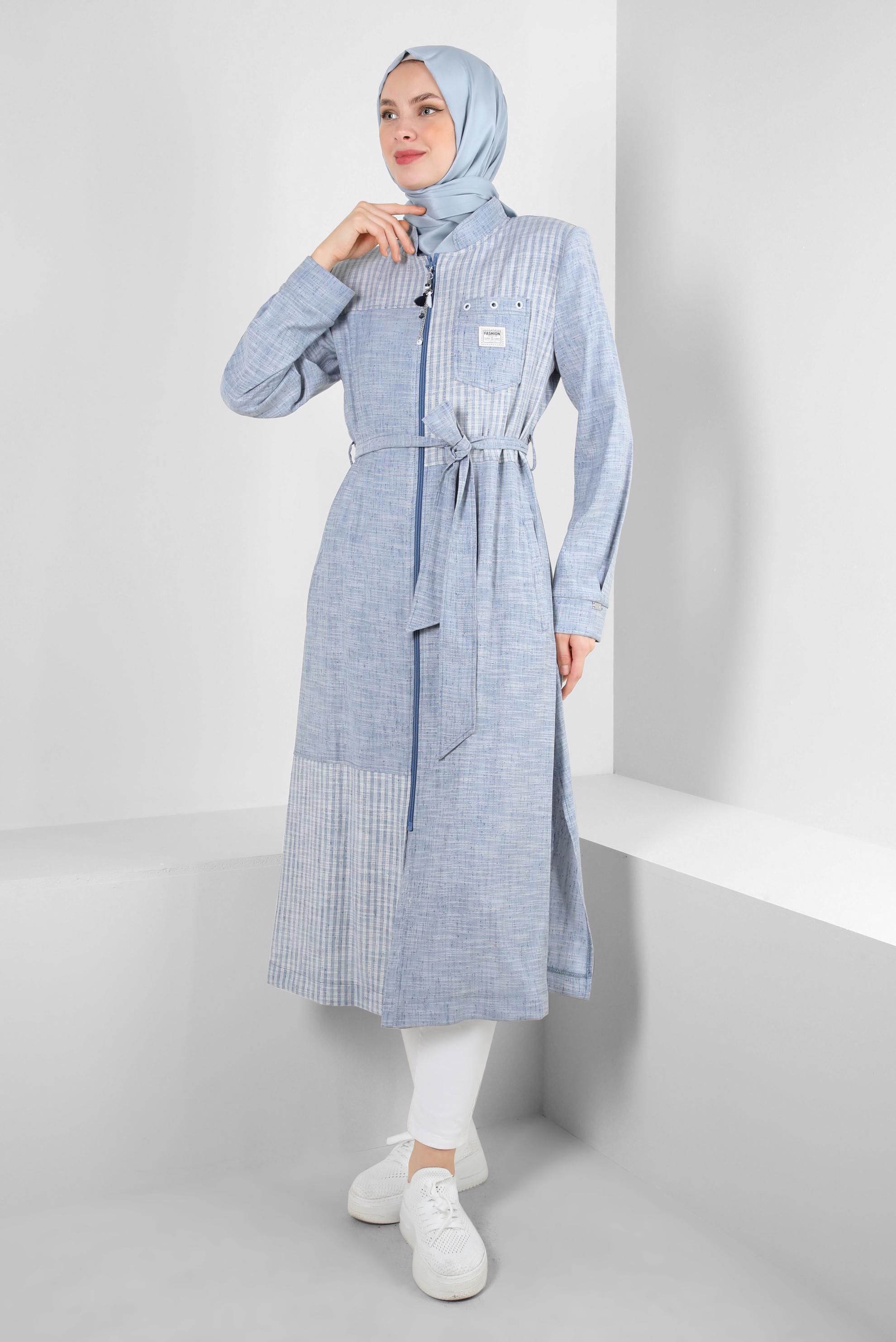 Tesettür giyim LACİVERT YANI YIRTMAÇLI FERMUARLI KUŞAKLI TRENÇKOT 10769