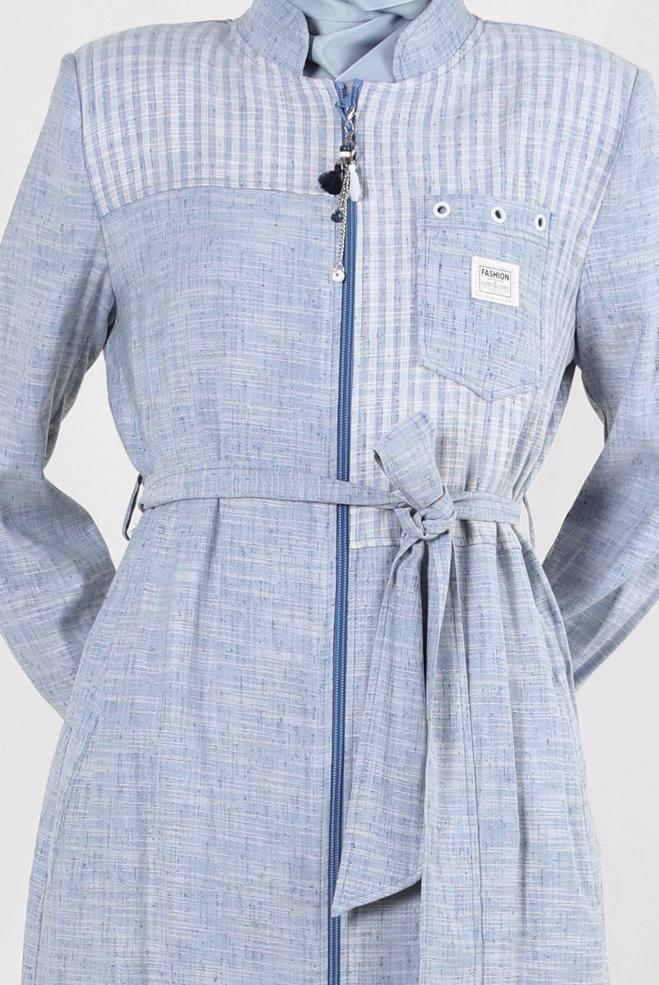 Tesettür giyim LACİVERT YANI YIRTMAÇLI FERMUARLI KUŞAKLI TRENÇKOT 10769 - ALVİNA