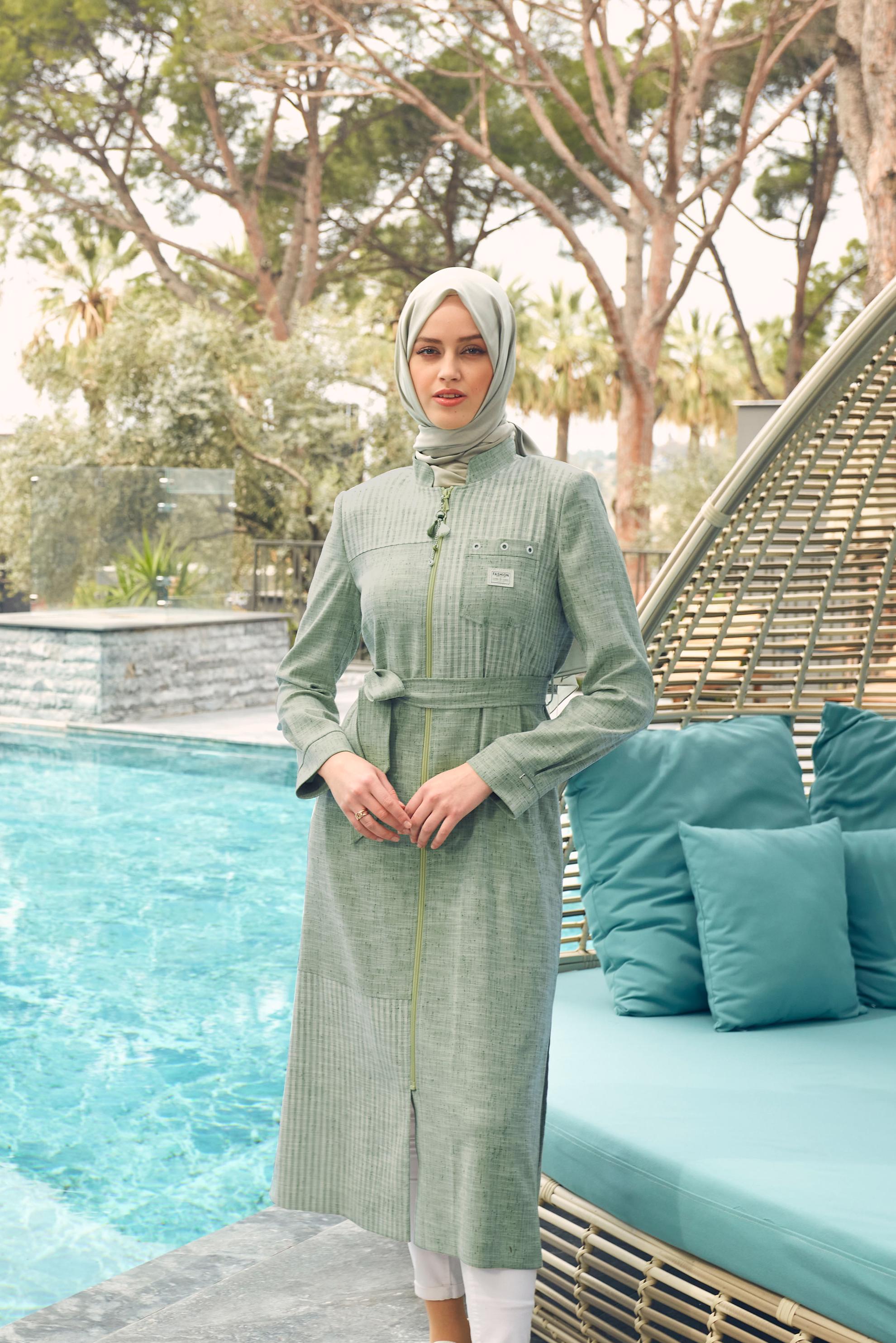 Hijab clothing GREEN SIDE SLITS ZIPPERED TRENCH COAT 10769