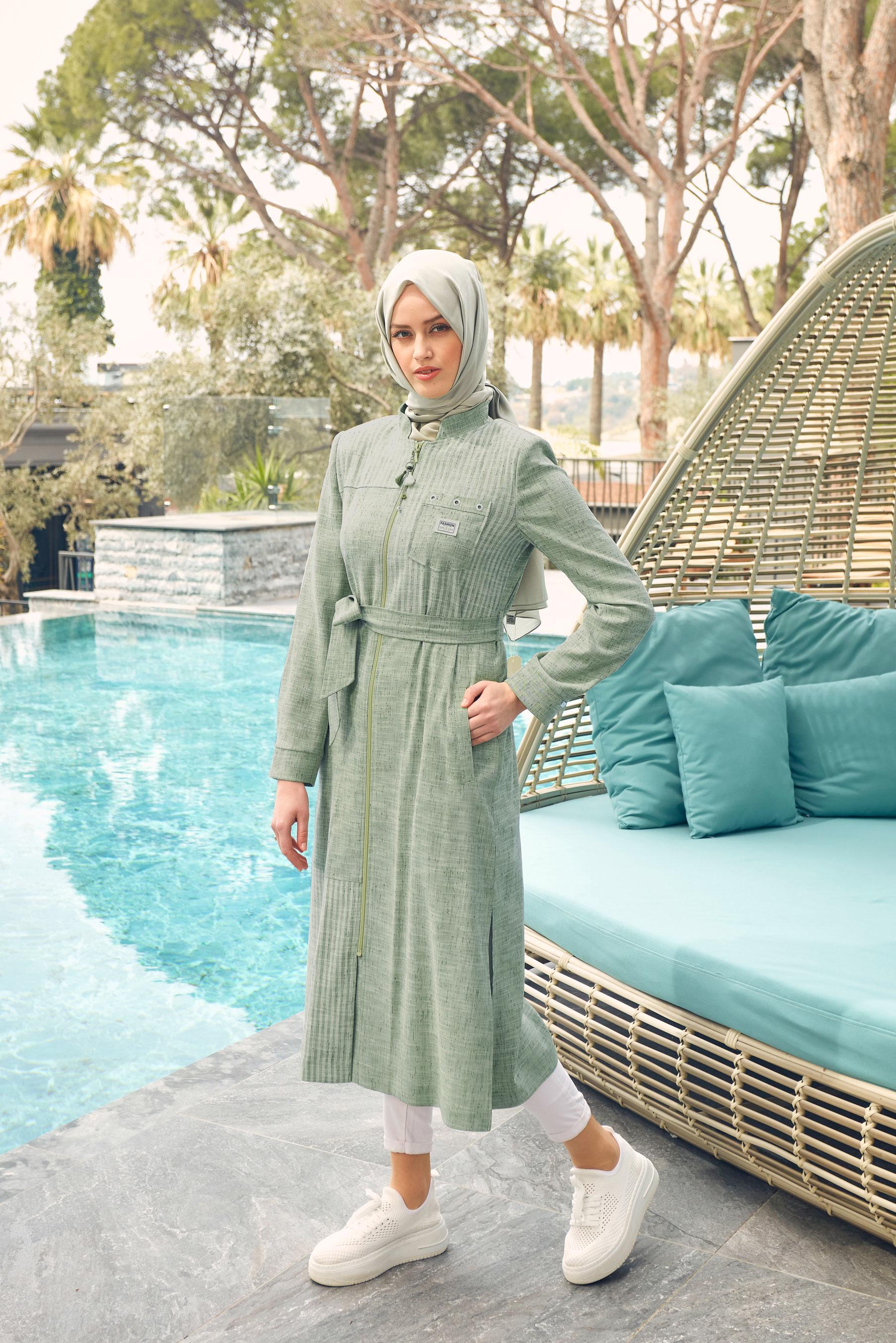 Hijab clothing GREEN SIDE SLITS ZIPPERED TRENCH COAT 10769