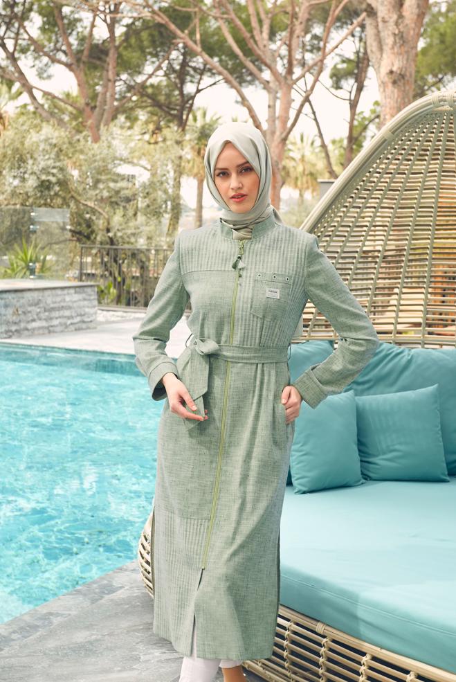 Tesettür giyim YEŞİL YANI YIRTMAÇLI FERMUARLI KUŞAKLI TRENÇKOT 10769 - ALVİNA