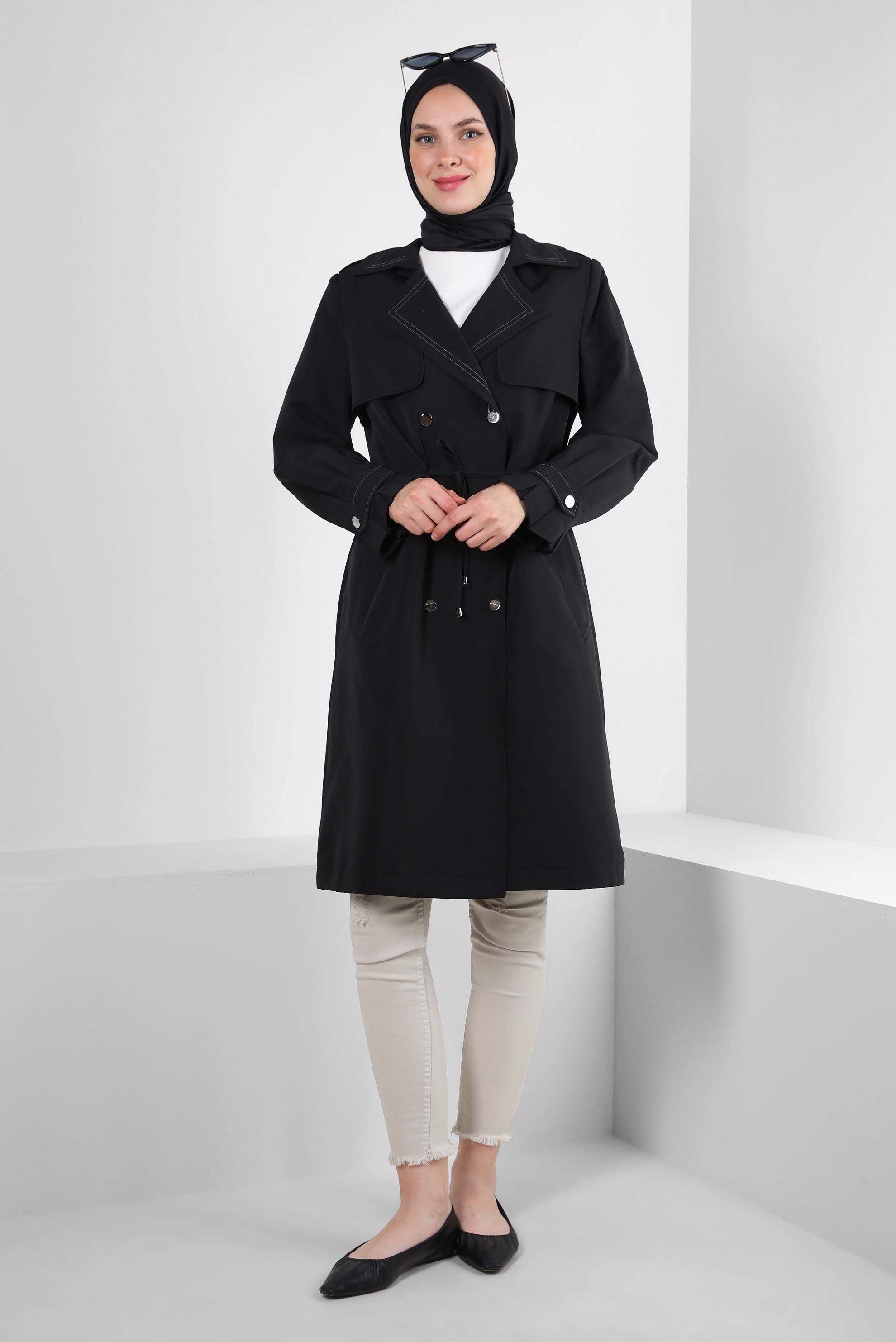 Hijab clothing BLACK SMOCKING WAIST TRENCH COAT WITH TABS 10770