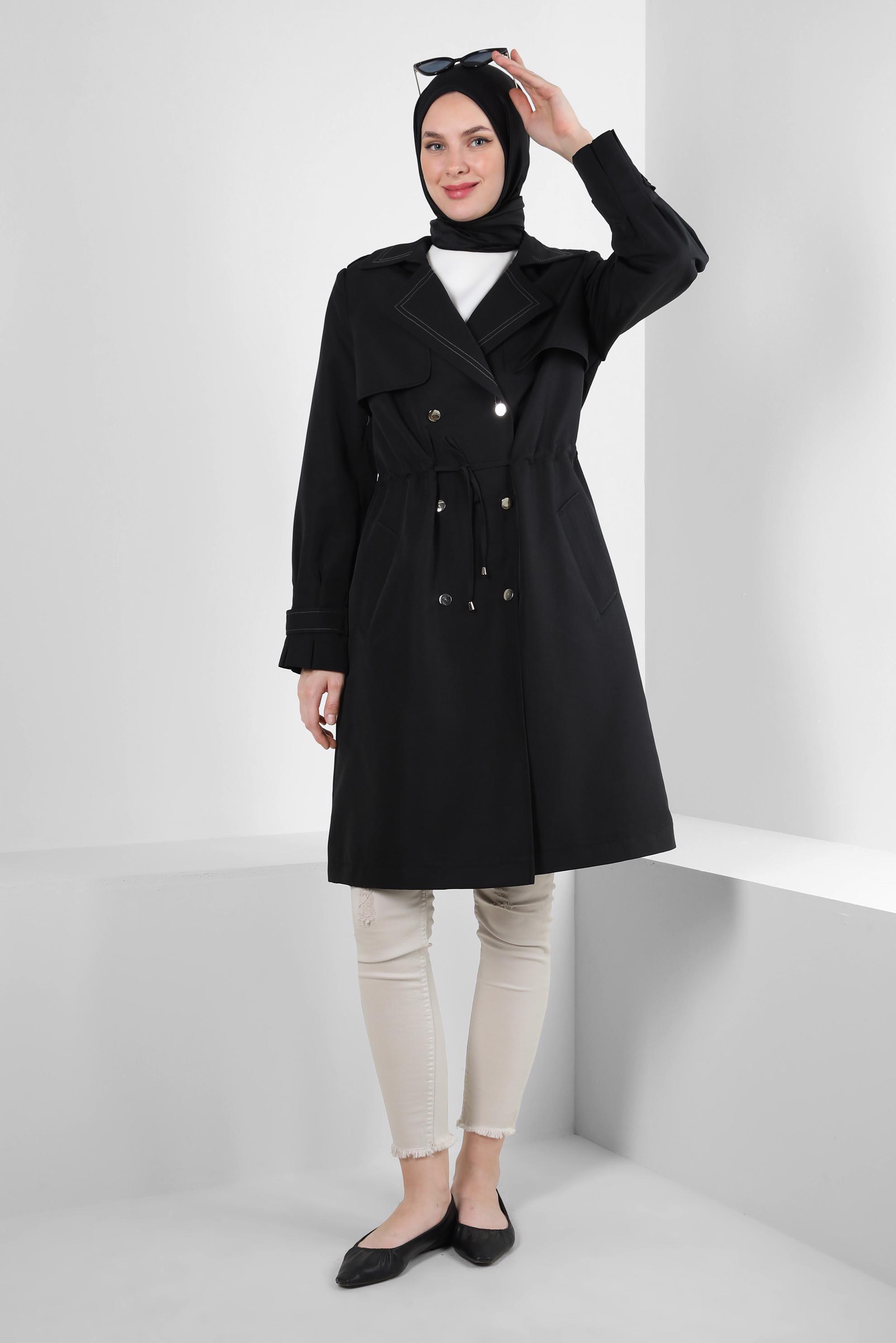 Hijab clothing BLACK SMOCKING WAIST TRENCH COAT WITH TABS 10770