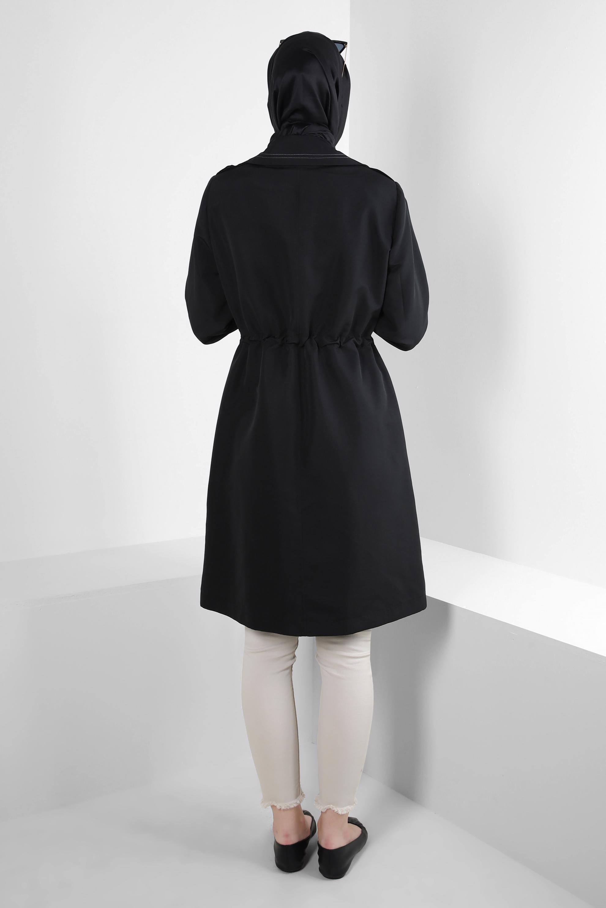Hijab clothing BLACK SMOCKING WAIST TRENCH COAT WITH TABS 10770