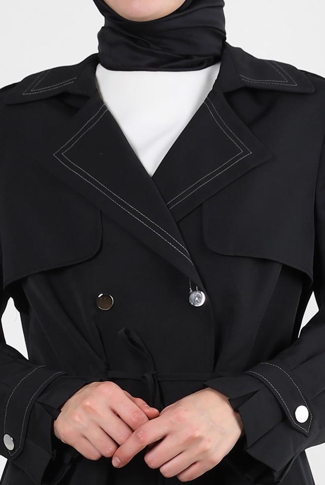 Tesettür giyim SİYAH BANTLI BELİ BÜZGÜLÜ TRENÇKOT 10770 - ALVİNA