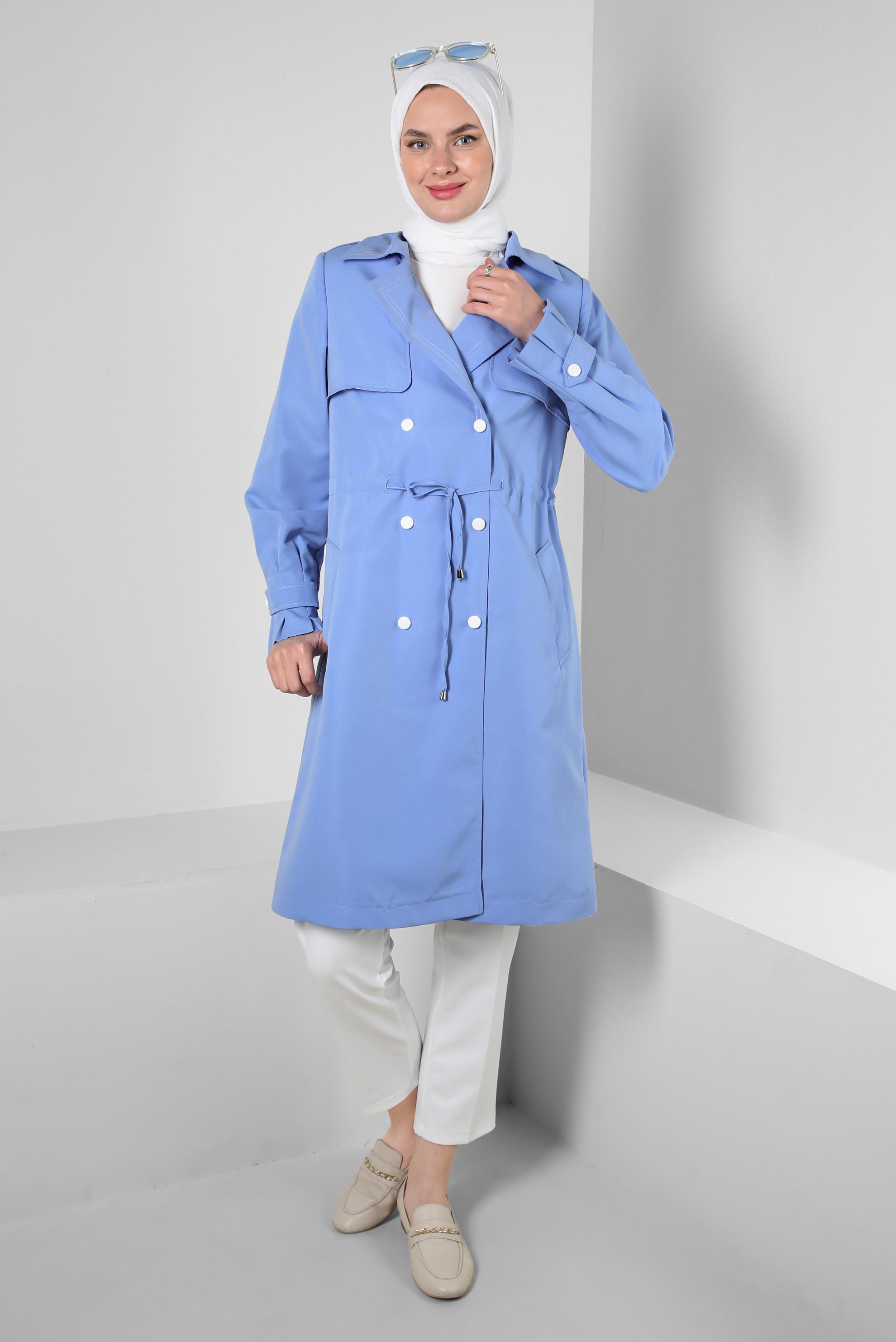 Tesettür giyim MAVİ BANTLI BELİ BÜZGÜLÜ TRENÇKOT 10770