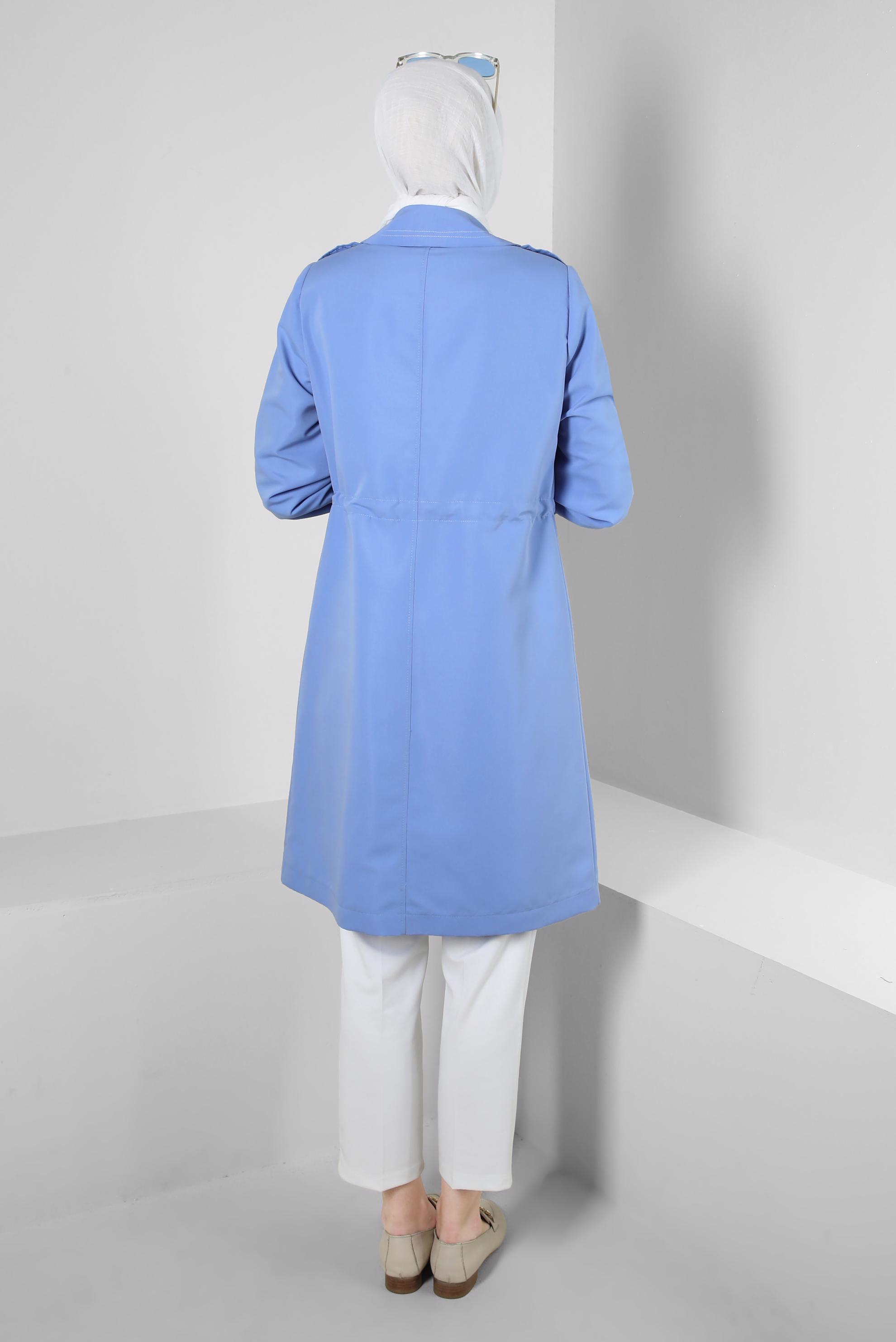 Tesettür giyim MAVİ BANTLI BELİ BÜZGÜLÜ TRENÇKOT 10770