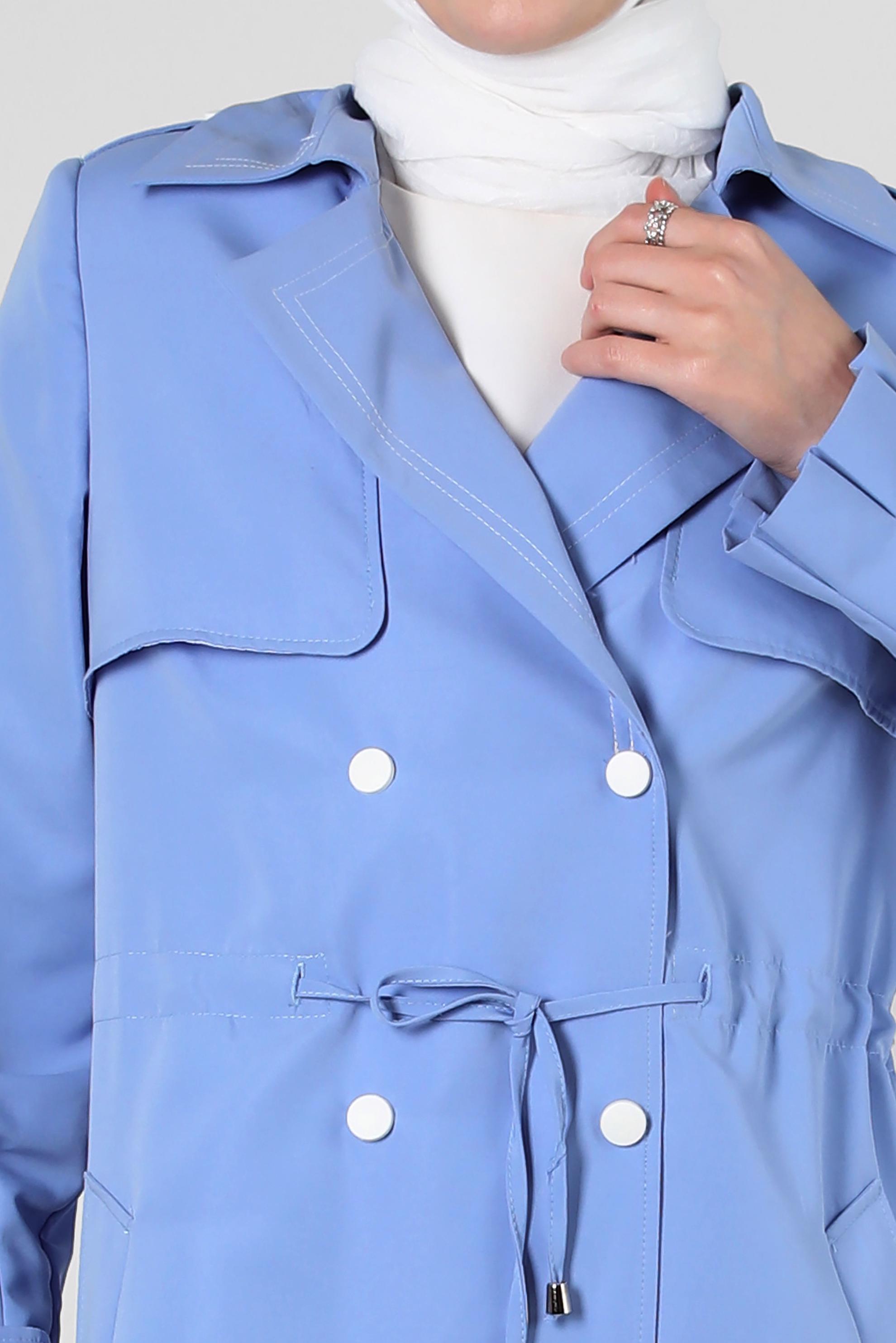 Tesettür giyim MAVİ BANTLI BELİ BÜZGÜLÜ TRENÇKOT 10770