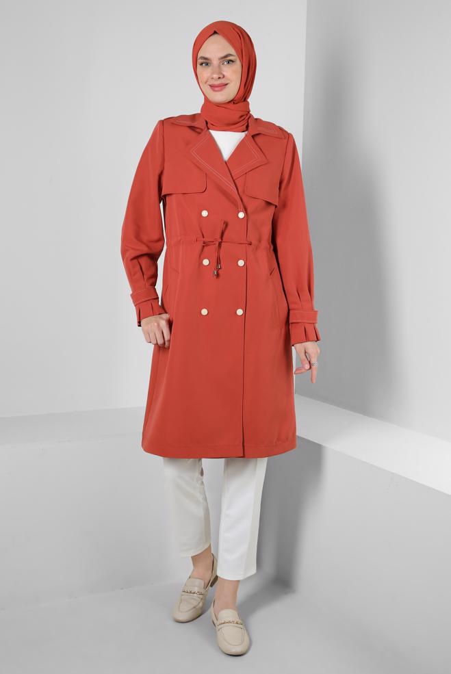 Tesettür giyim TURUNCU BANTLI BELİ BÜZGÜLÜ TRENÇKOT 10770 - ALVİNA
