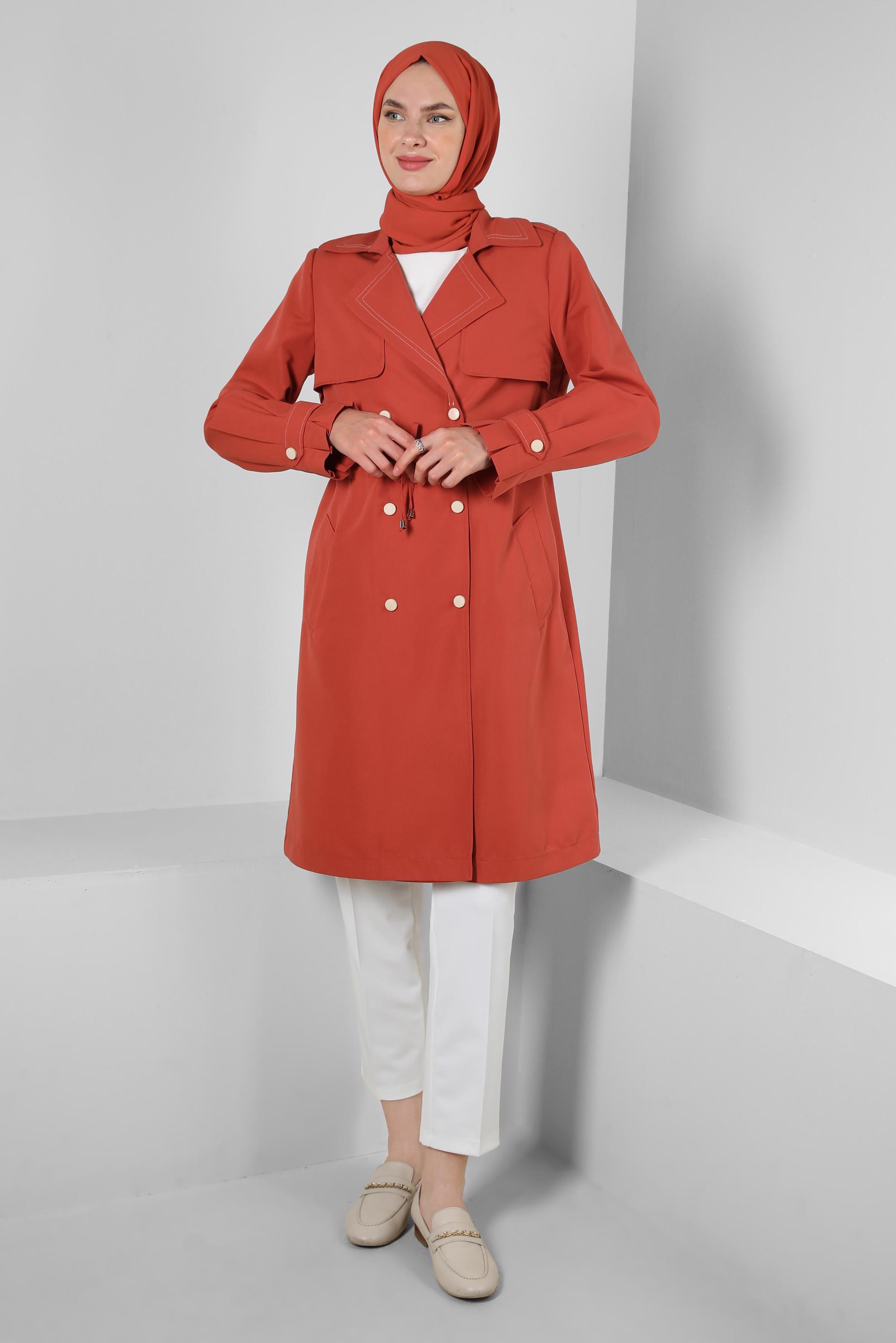 Tesettür giyim TURUNCU BANTLI BELİ BÜZGÜLÜ TRENÇKOT 10770