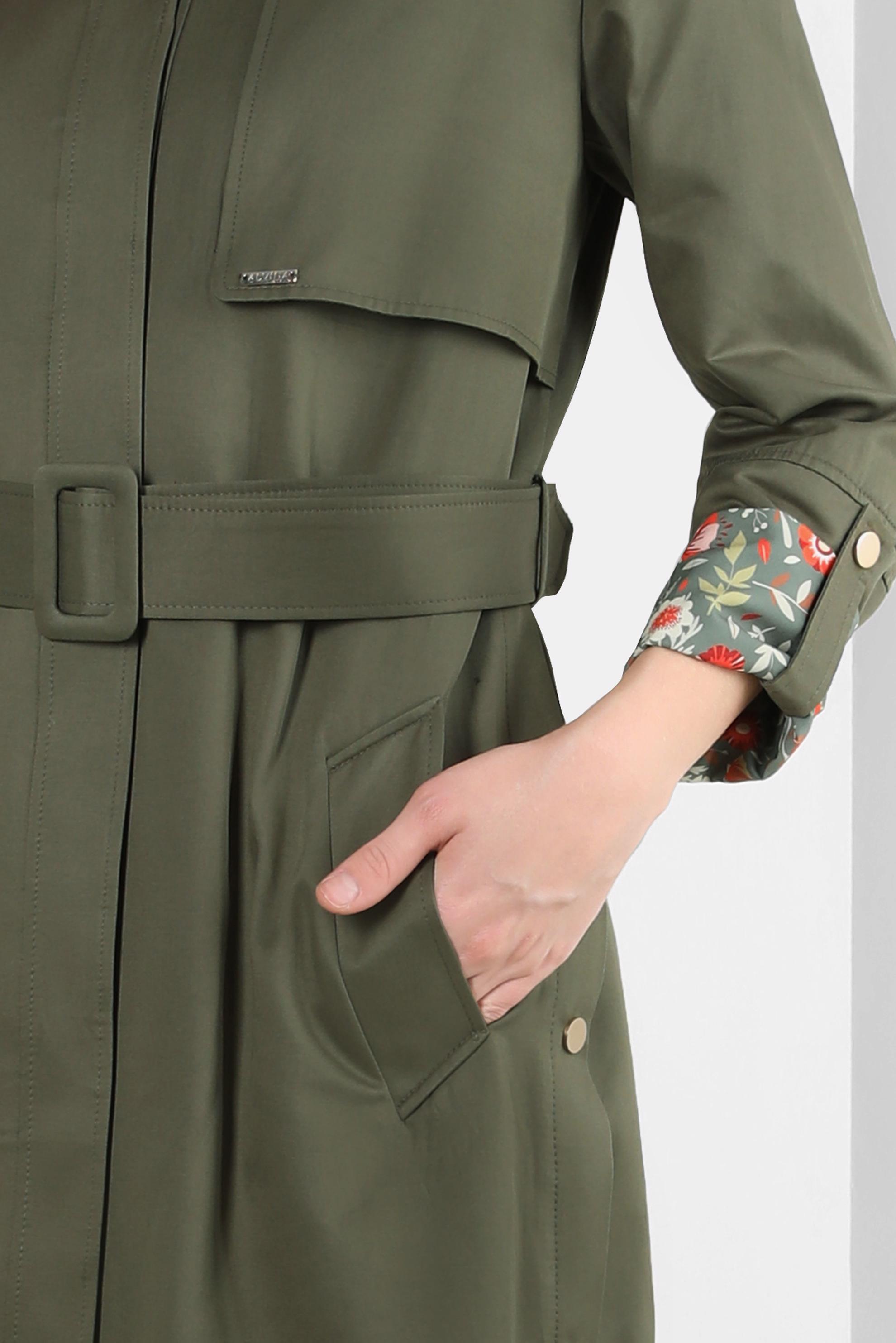 Tesettür giyim YEŞİL MANŞETLERİ DESENLİ KEMERLİ TRENÇKOT 10771