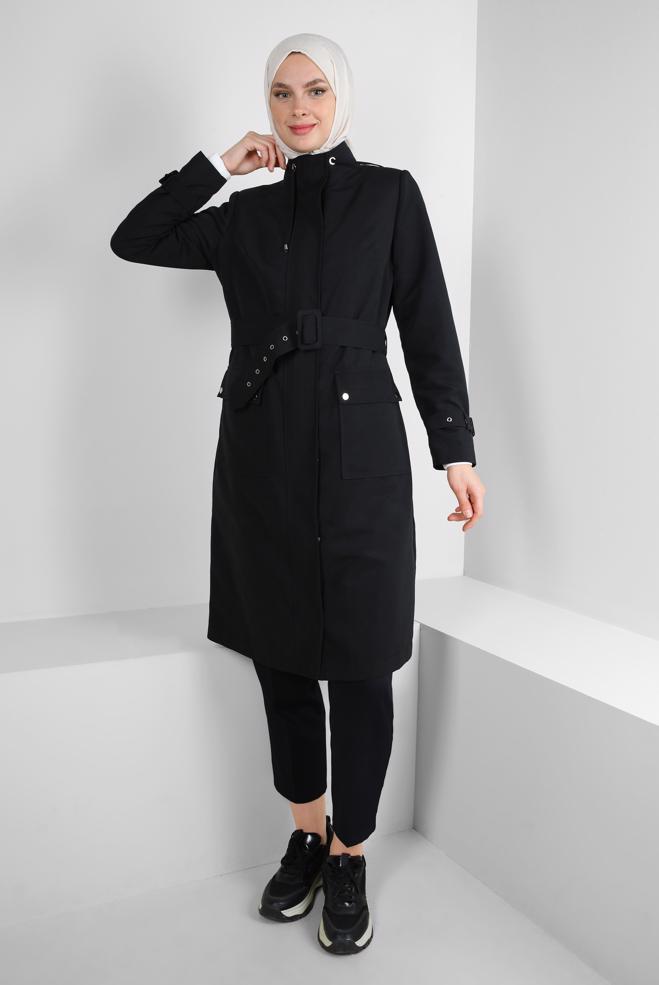 Tesettür giyim SİYAH KEMERLİ YAKASI BÜZGÜLÜ BANTLI TRENÇKOT 10772	 - ALVİNA