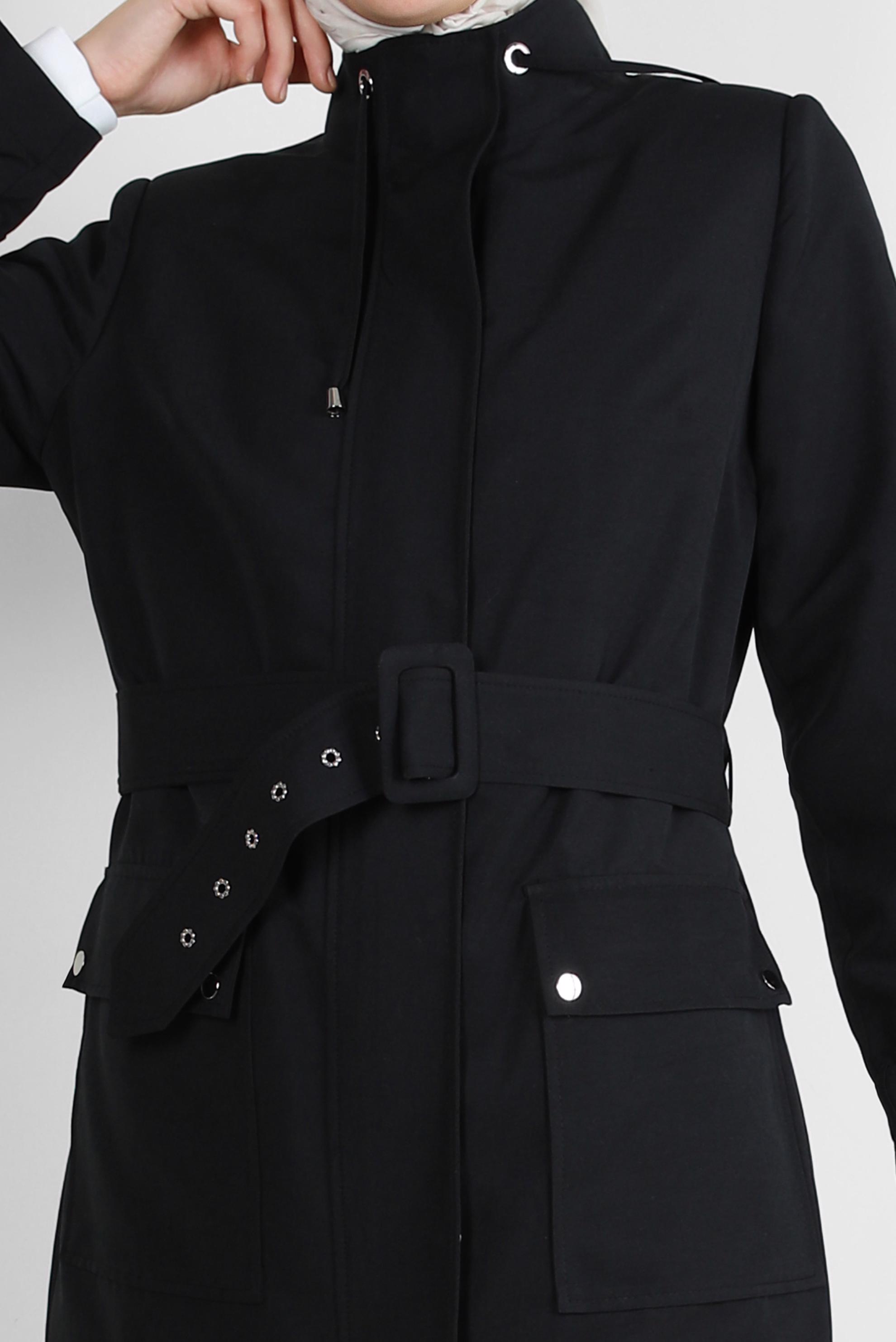 Tesettür giyim SİYAH KEMERLİ YAKASI BÜZGÜLÜ BANTLI TRENÇKOT 10772	