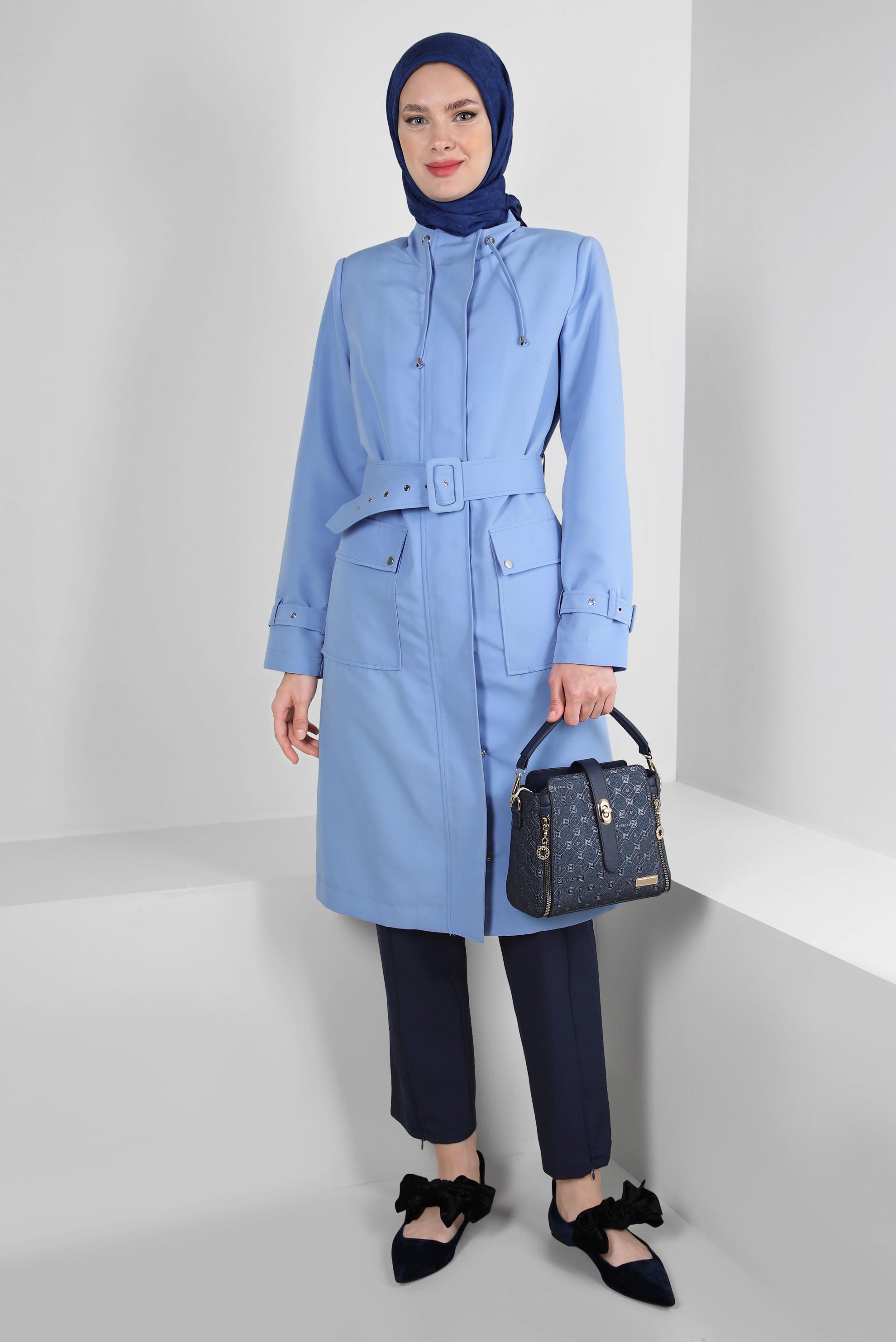 Vêtements hijab BLEU TRENCH COAT CEINTURE COL NOUÉ AVEC PATTE 10772