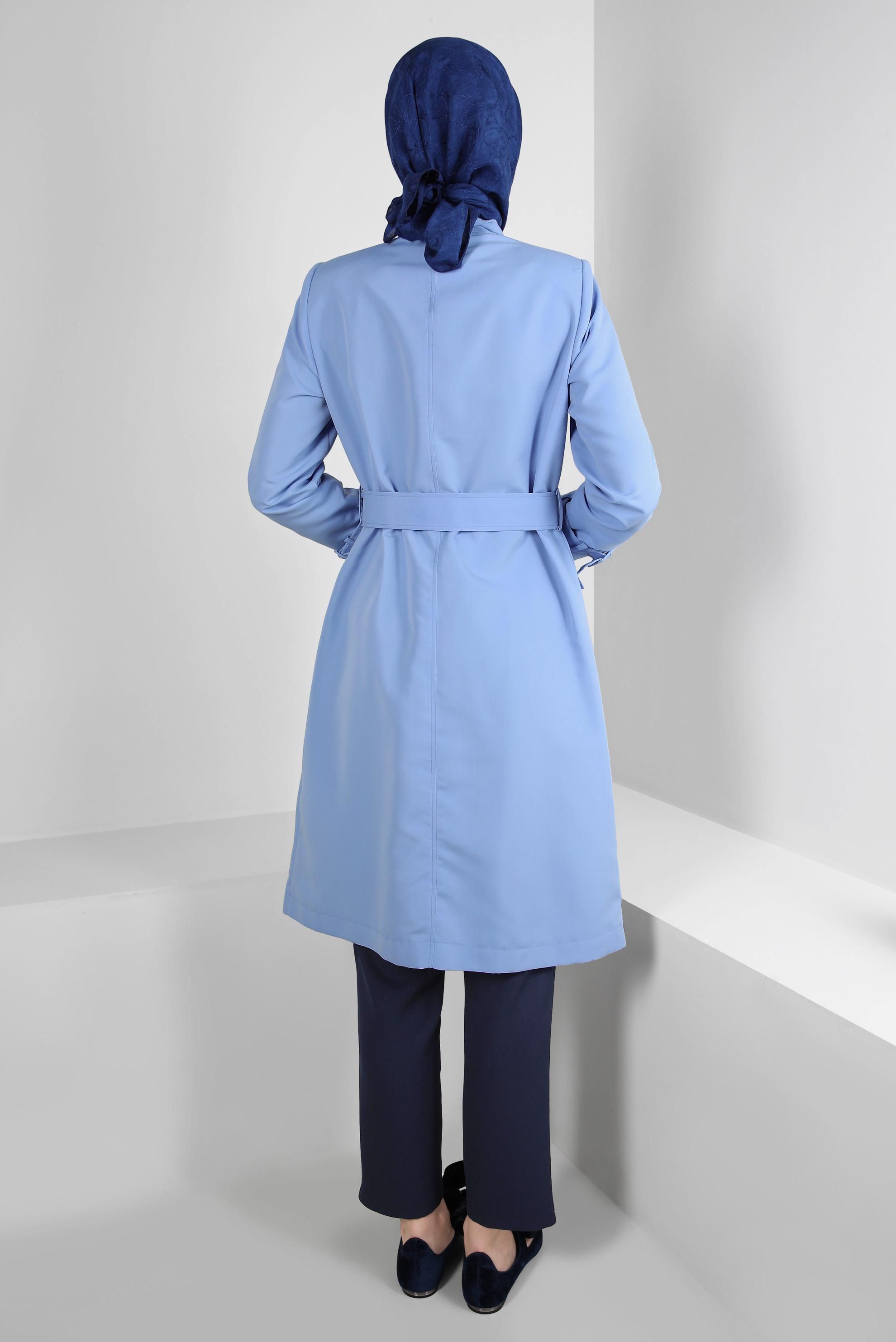 Vêtements hijab BLEU TRENCH COAT CEINTURE COL NOUÉ AVEC PATTE 10772