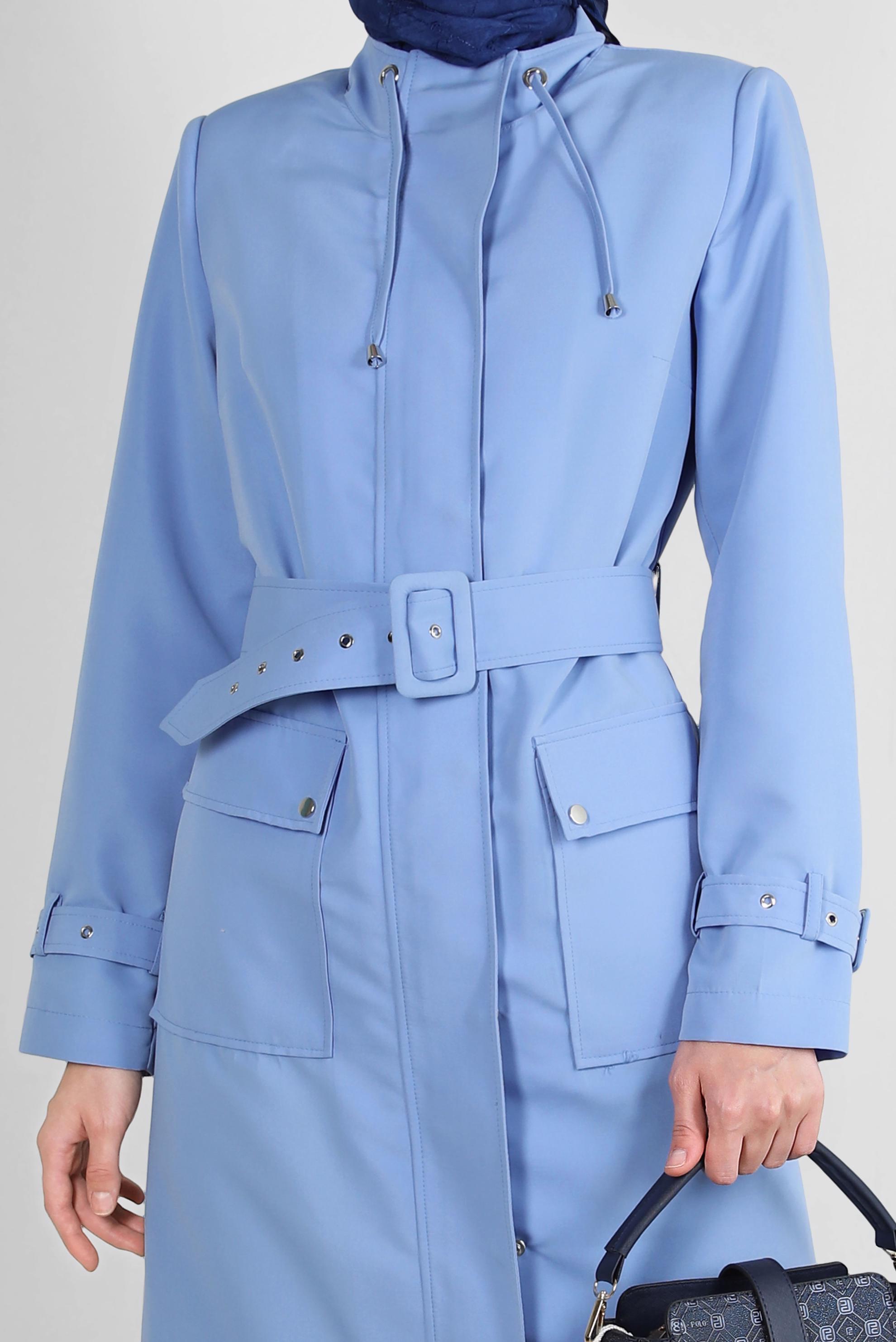 Vêtements hijab BLEU TRENCH COAT CEINTURE COL NOUÉ AVEC PATTE 10772