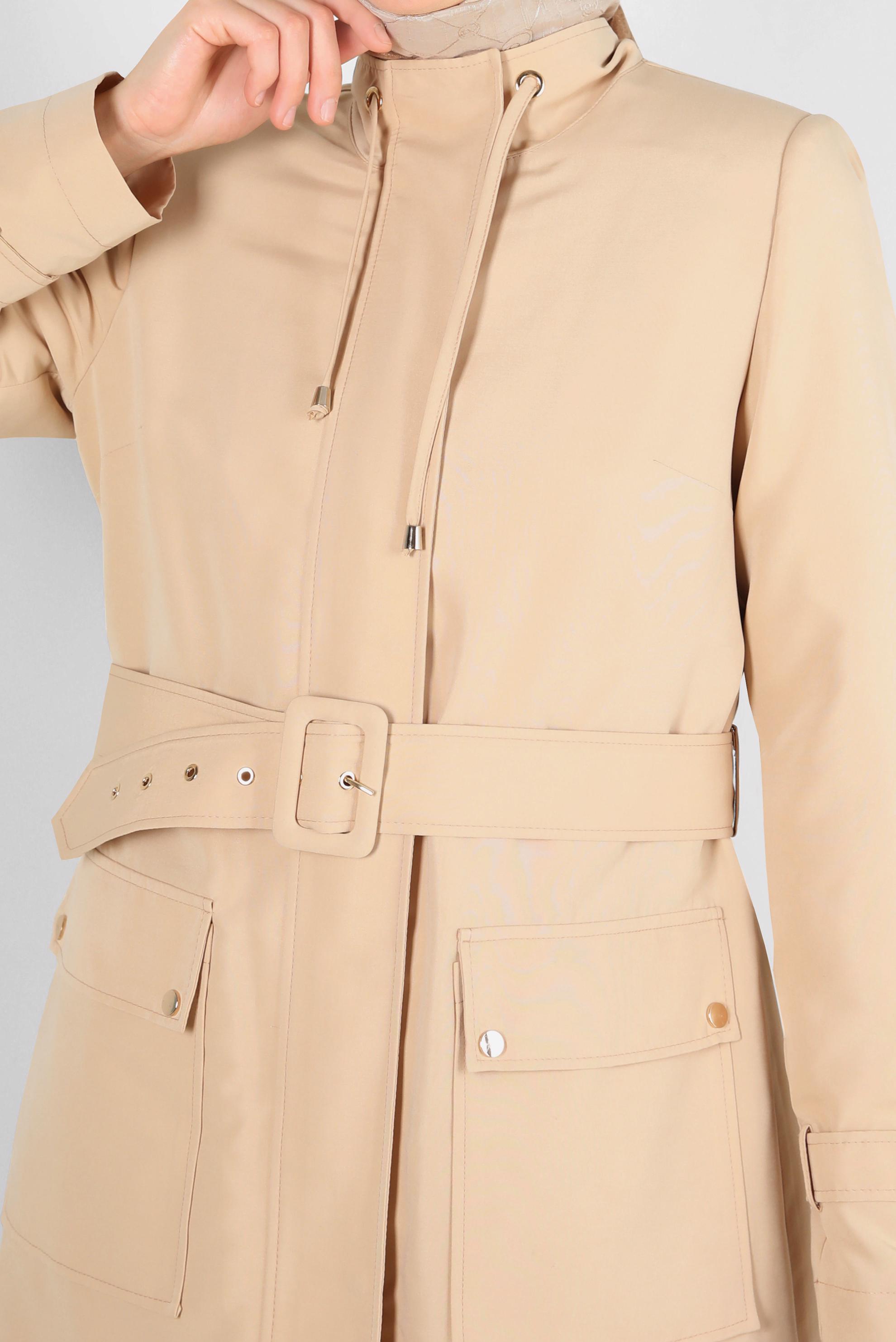 Tesettür giyim KAHVE KEMERLİ YAKASI BÜZGÜLÜ BANTLI TRENÇKOT 10772	