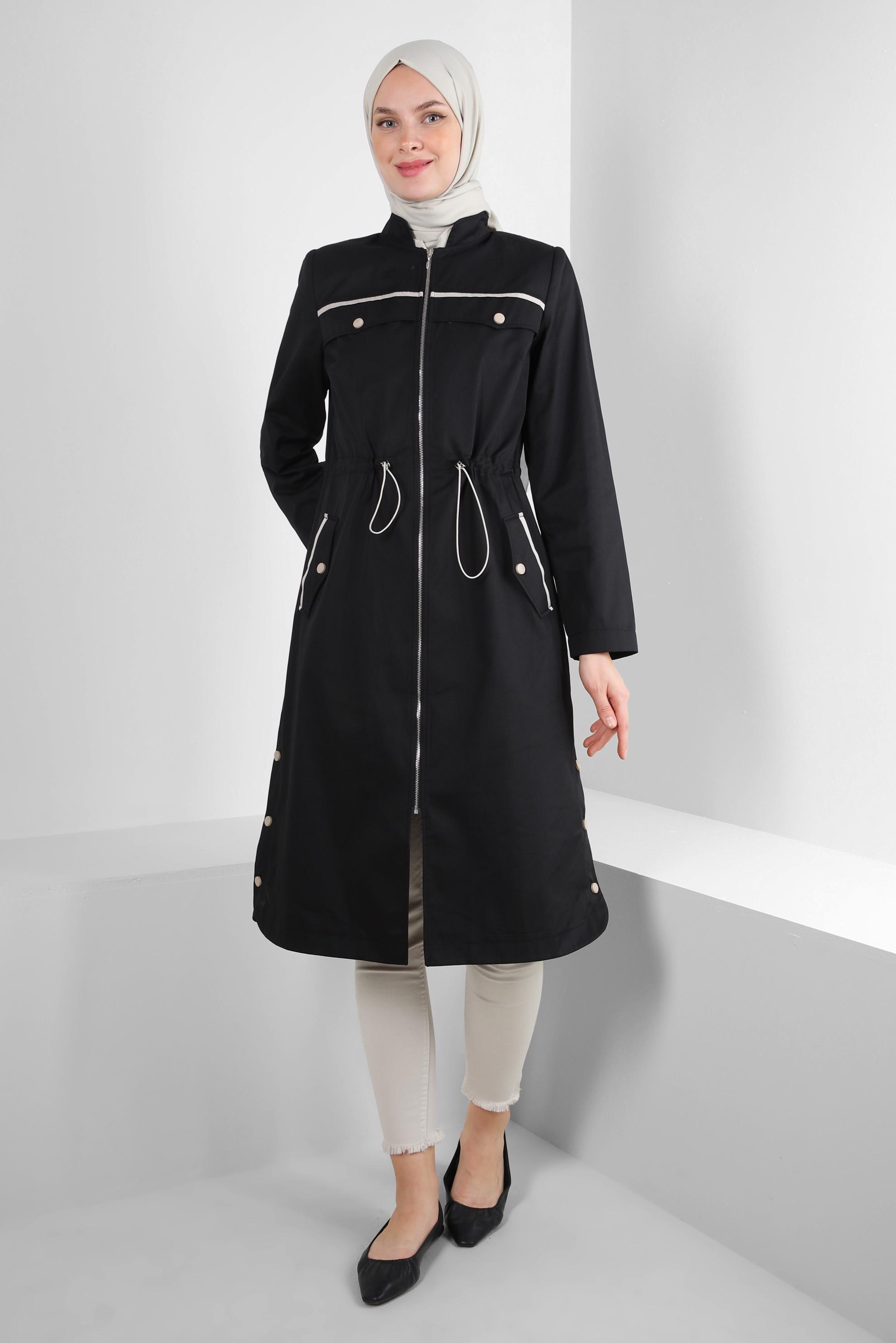 Tesettür giyim SİYAH BELİ BÜZGÜLÜ FERMUARLI TRENÇKOT 10773