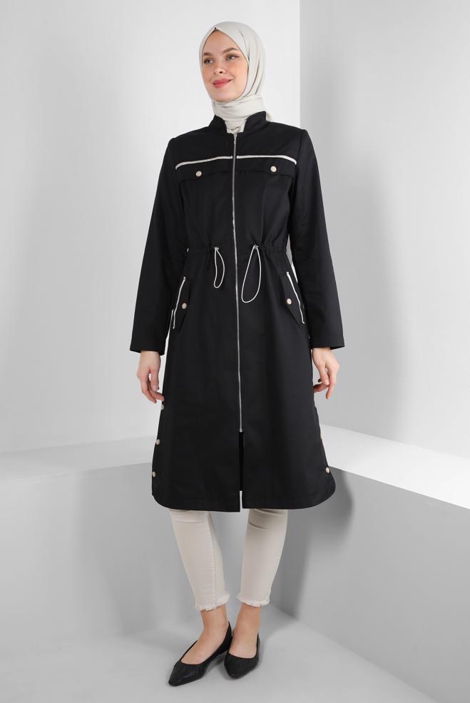 Tesettür giyim SİYAH BELİ BÜZGÜLÜ FERMUARLI TRENÇKOT 10773 - ALVİNA