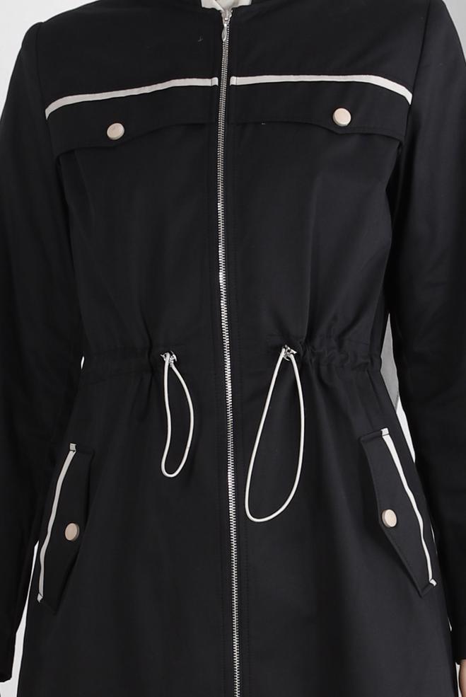 Tesettür giyim SİYAH BELİ BÜZGÜLÜ FERMUARLI TRENÇKOT 10773 - ALVİNA