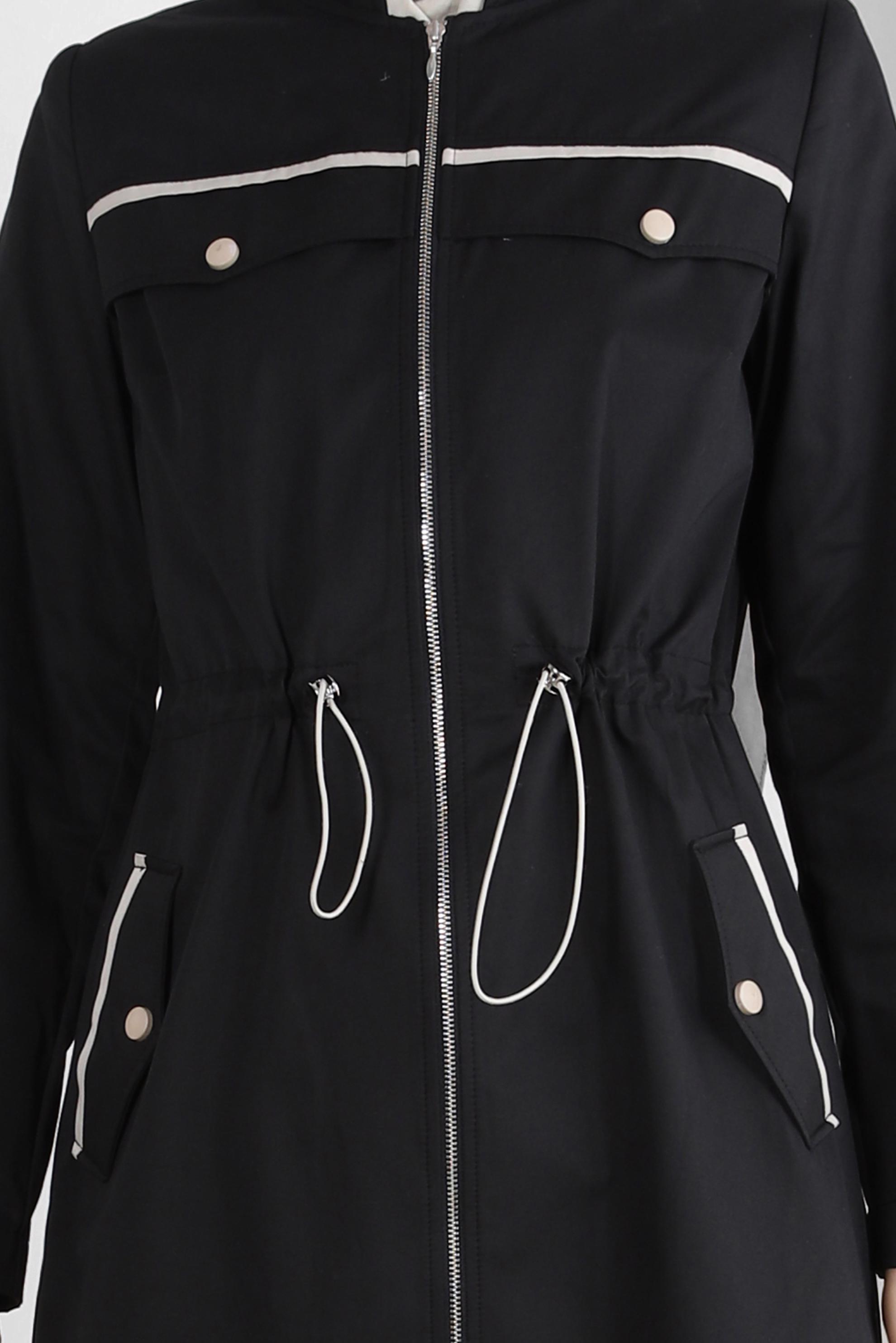 Tesettür giyim SİYAH BELİ BÜZGÜLÜ FERMUARLI TRENÇKOT 10773