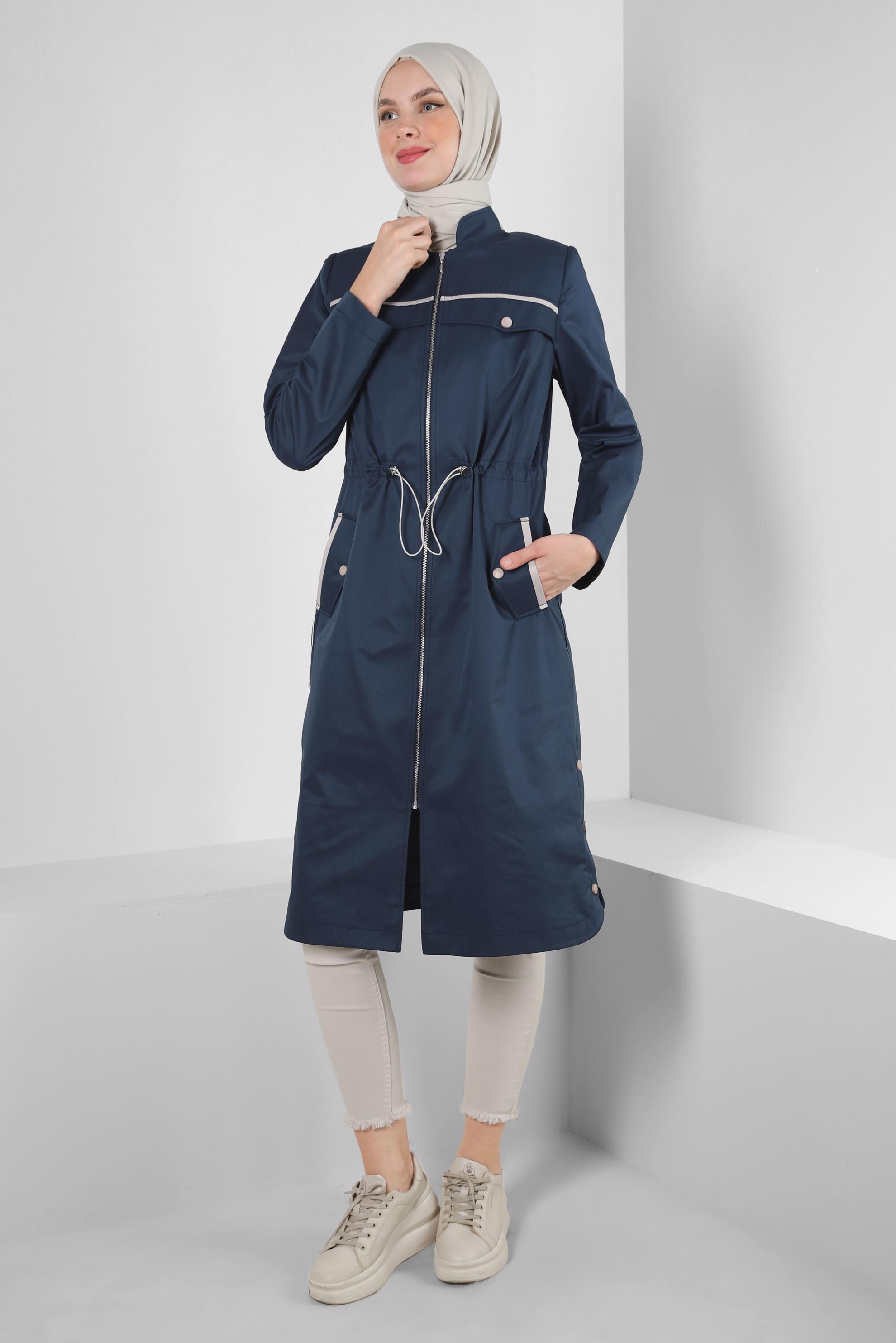 Vêtements hijab BLEU MARINE TRENCH-COAT ZIPPÉ AVEC TAILLE À SMOCK 10773