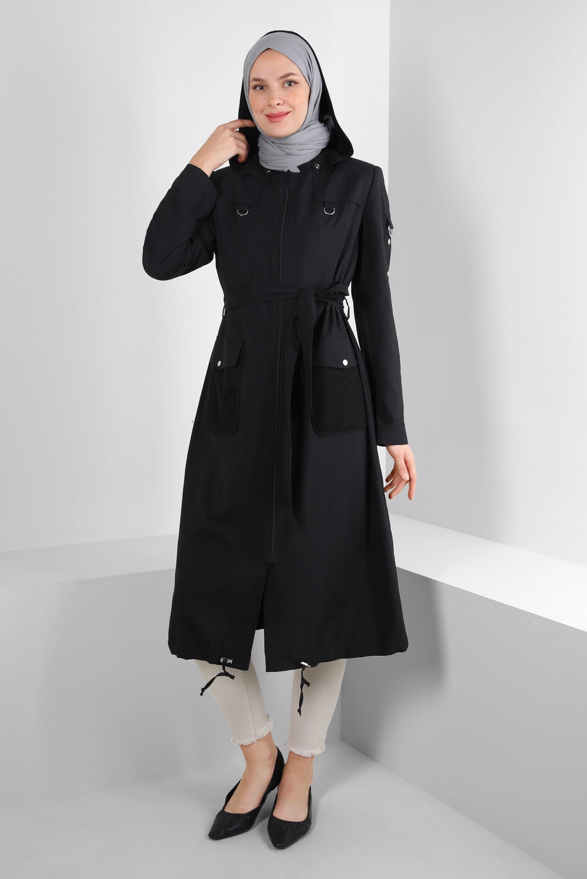 Vêtements hijab NOIR TRENCH-COAT ZIPPÉ À CAPUCHE 10774