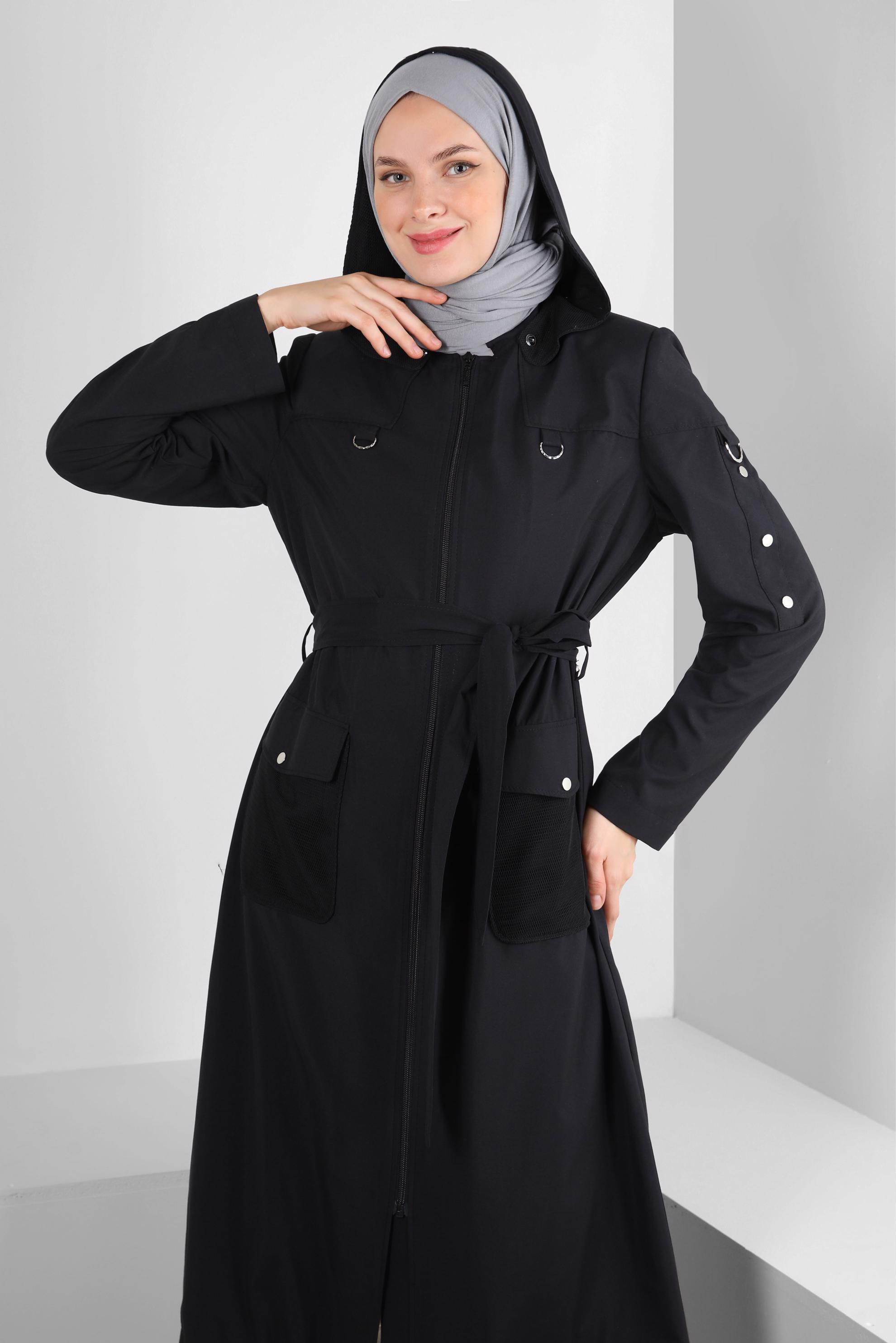 Vêtements hijab NOIR TRENCH-COAT ZIPPÉ À CAPUCHE 10774