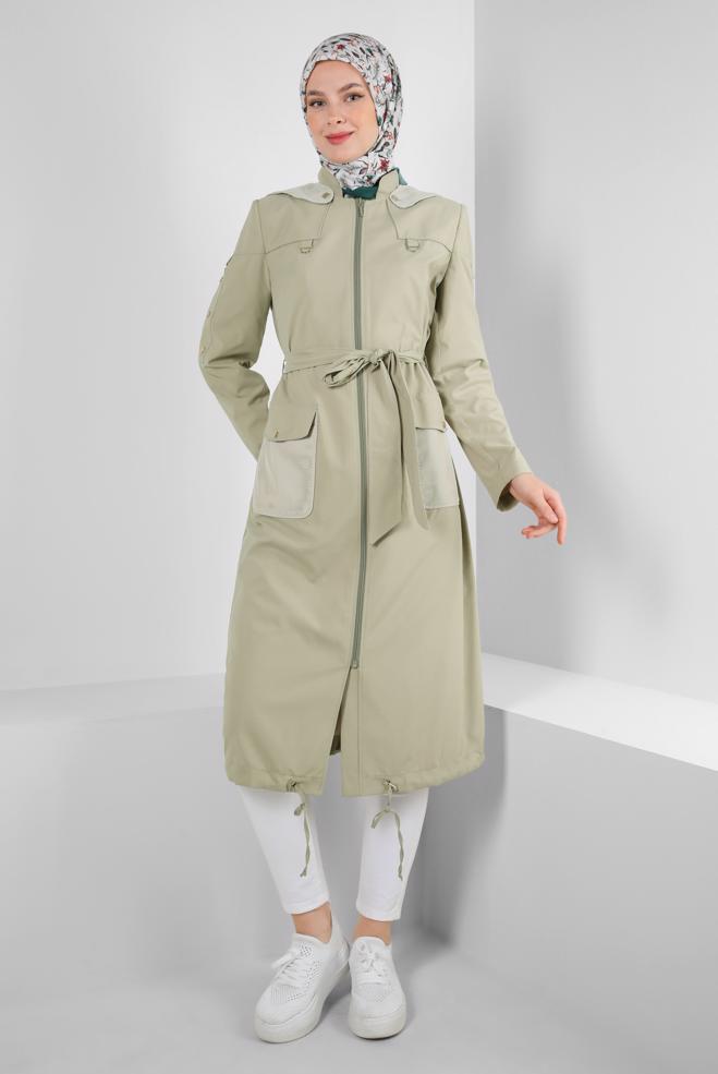 Tesettür giyim BEJ KAPÜŞONLU FERMUARLI TRENÇKOT 10774 - ALVİNA
