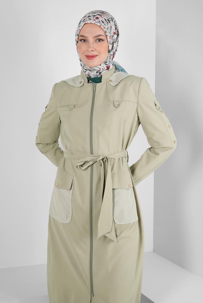 Tesettür giyim BEJ KAPÜŞONLU FERMUARLI TRENÇKOT 10774 - ALVİNA