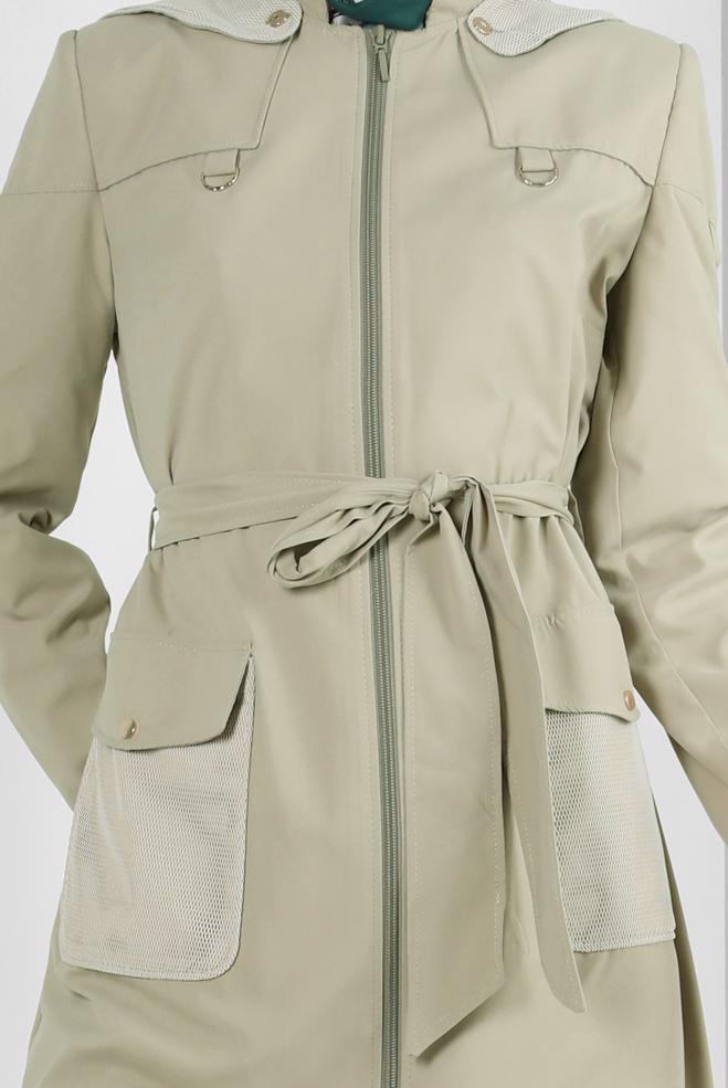 Tesettür giyim BEJ KAPÜŞONLU FERMUARLI TRENÇKOT 10774 - ALVİNA