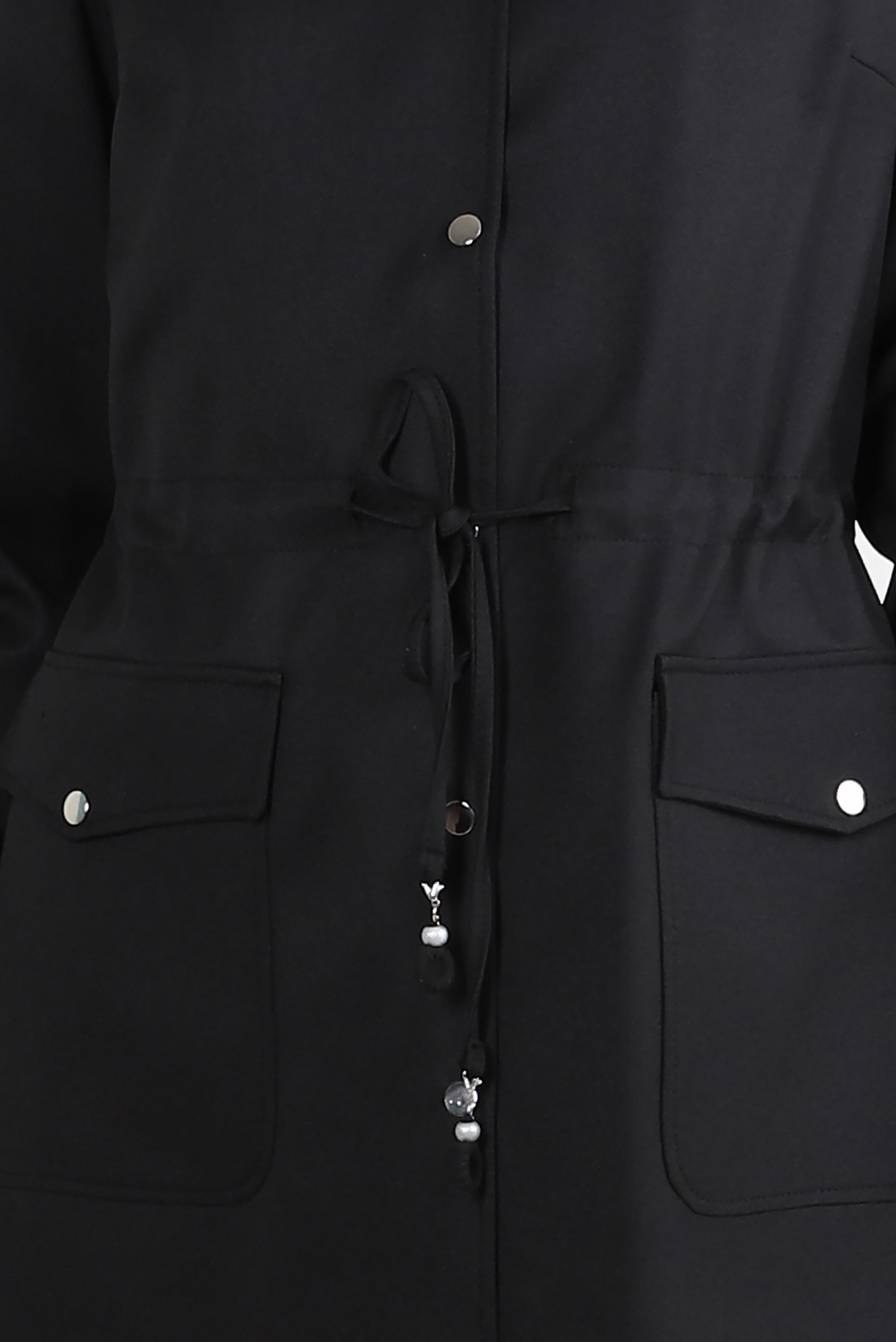 Tesettür giyim SİYAH KAPÜŞONLU BELİ BÜZGÜLÜ TRENÇKOT 10778