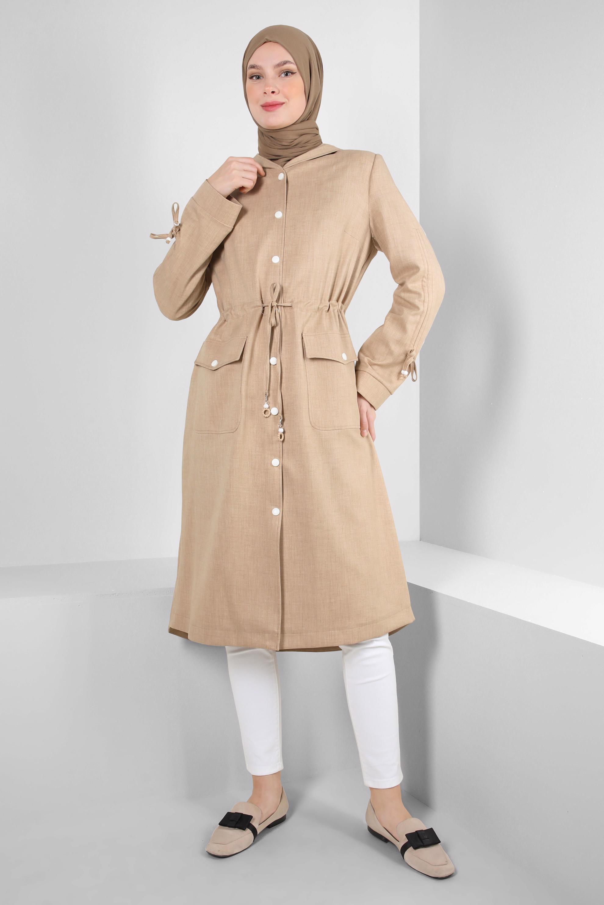 Tesettür giyim KAHVE KAPÜŞONLU BELİ BÜZGÜLÜ TRENÇKOT 10778