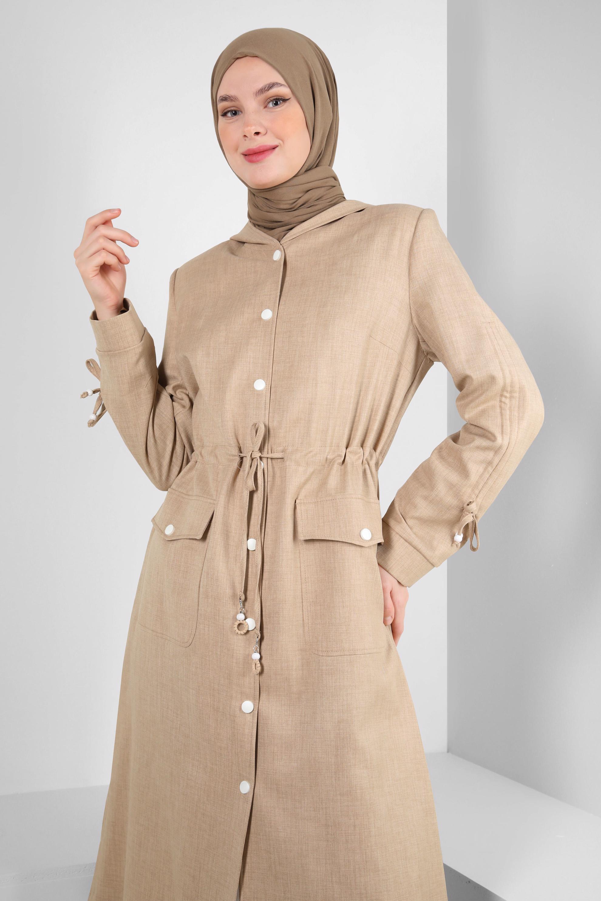 Tesettür giyim KAHVE KAPÜŞONLU BELİ BÜZGÜLÜ TRENÇKOT 10778