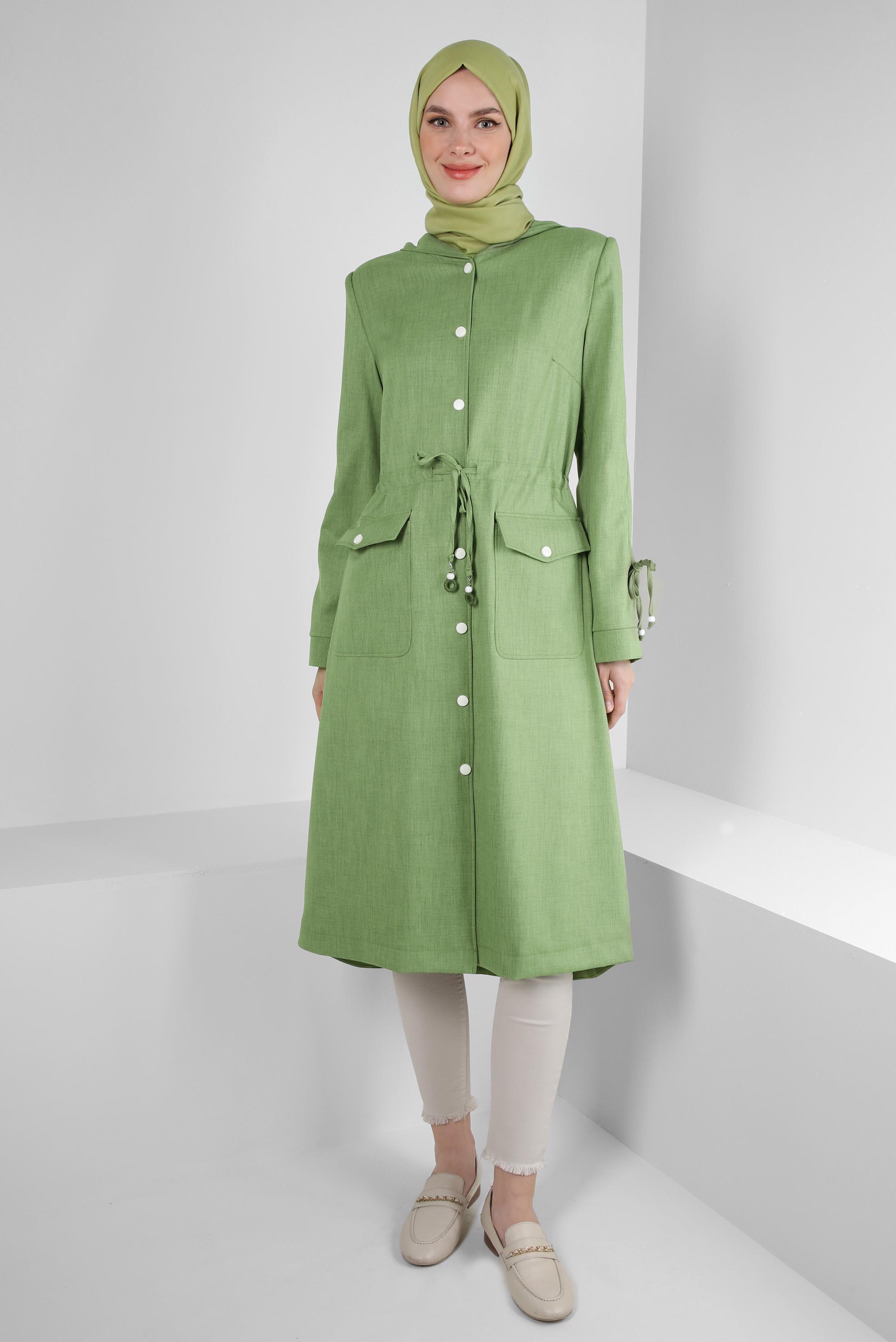 Hijab clothing GREEN HOODED TRENCH COAT WITH SMOCKING WAIST 10778