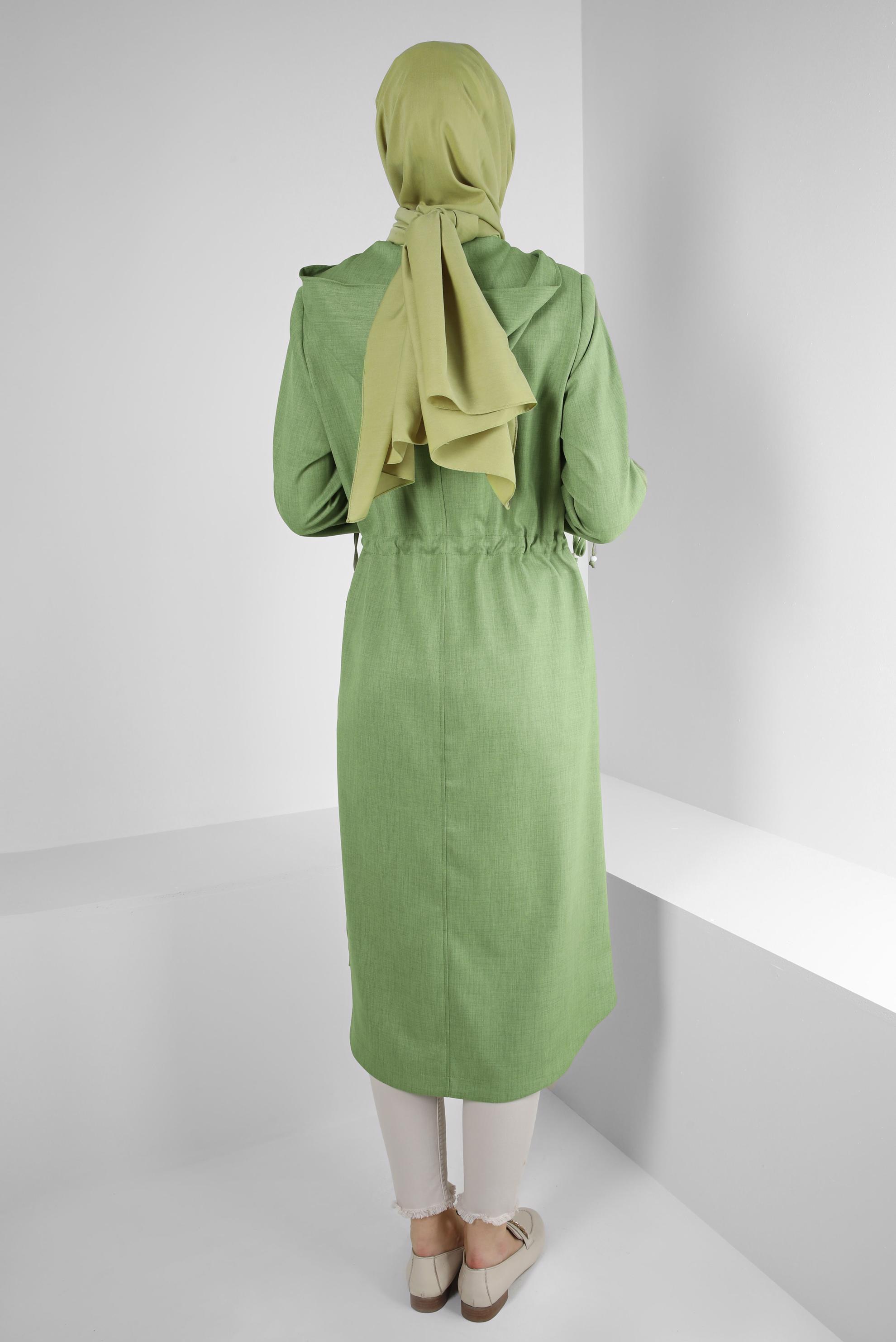 Hijab clothing GREEN HOODED TRENCH COAT WITH SMOCKING WAIST 10778